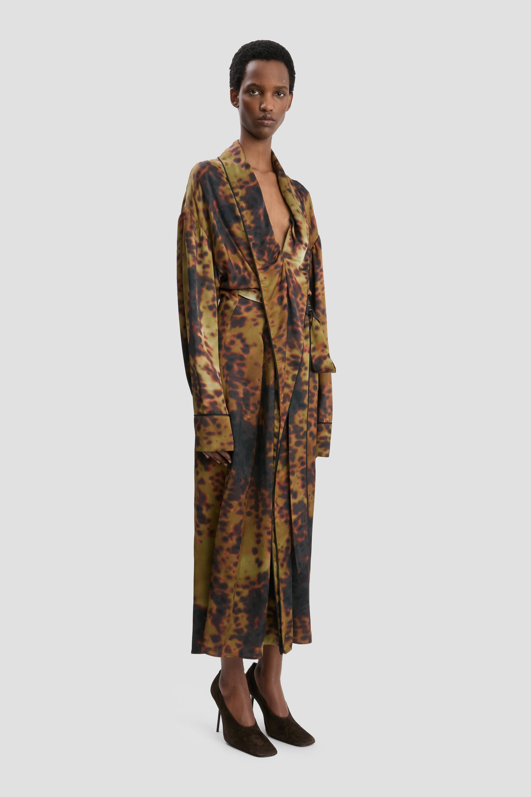 Wrap Detail Midi Dress In Olive Brown Print - 3