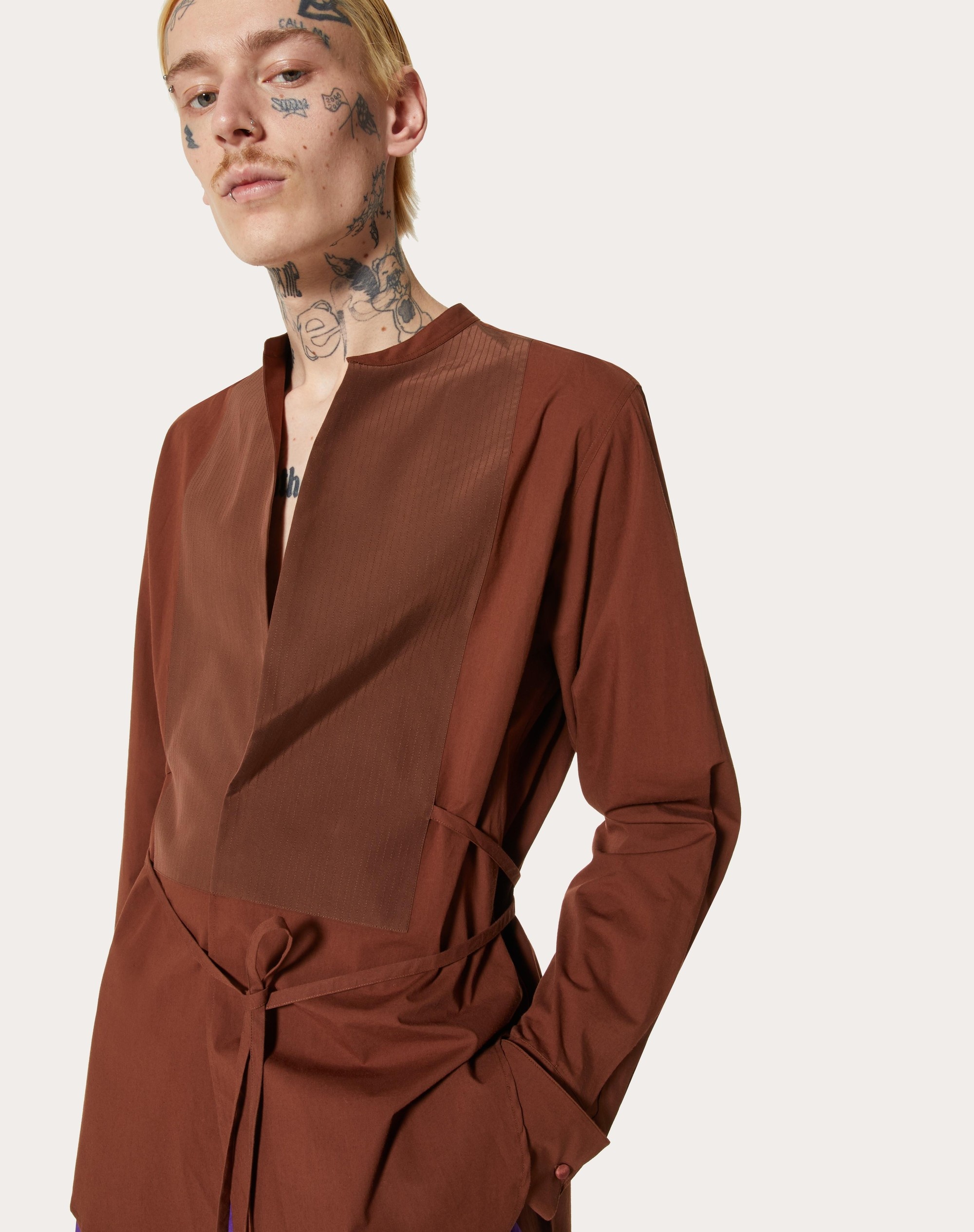 COTTON POPLIN SHIRT WITH WASHED SILK PLASTRON - 5