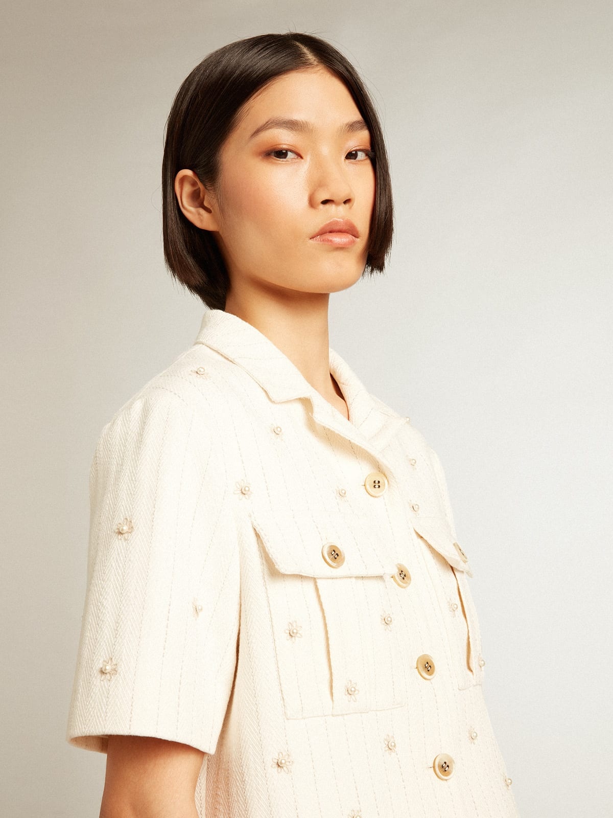 Aged white jacket in pinstripe cotton with all-over floral embroidery - 2