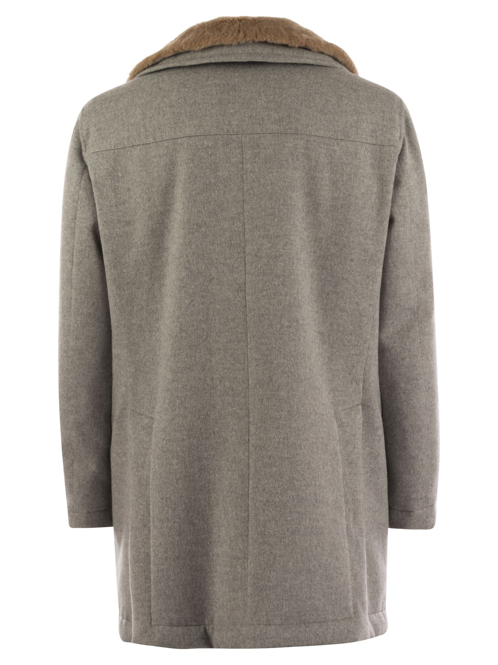 Brunello Cucinelli Men Cashmere Coat With Shearling Collar - 2