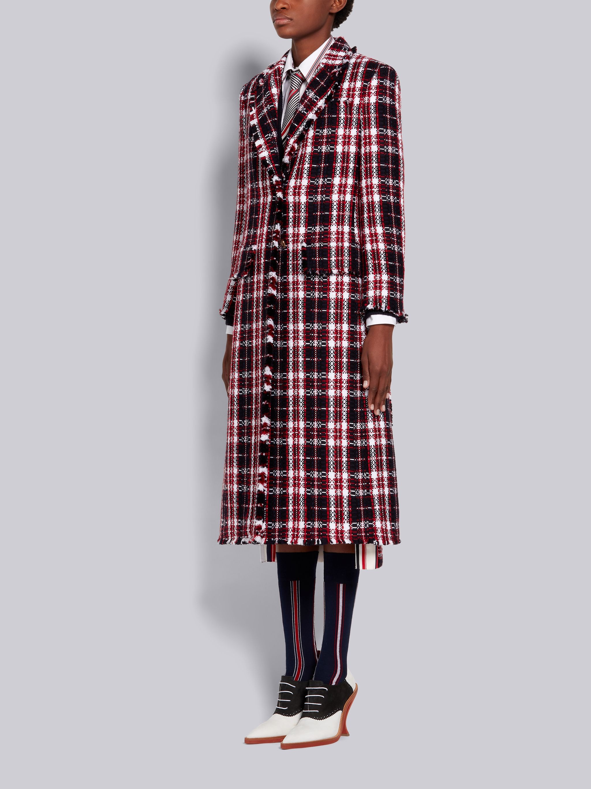 Multicolor Tartan Check Tweed Frayed Wide Lapel Overcoat - 2