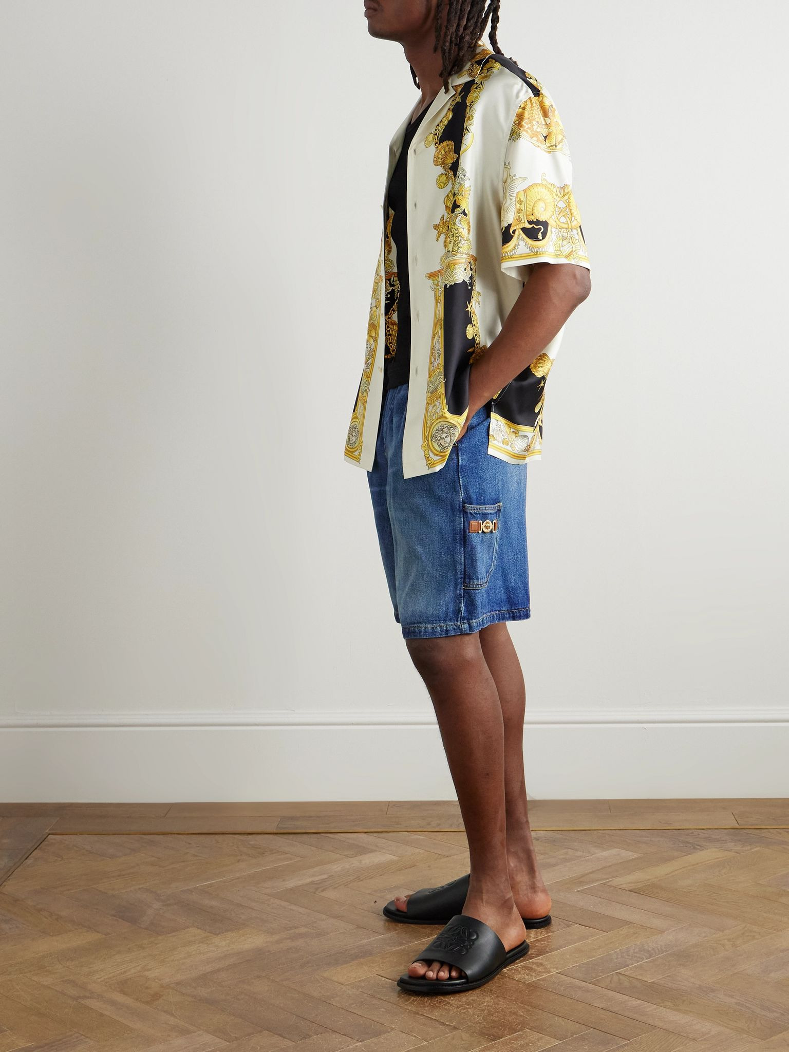 Straight-Leg Horsebit-Embellished Denim Shorts Blue - 2