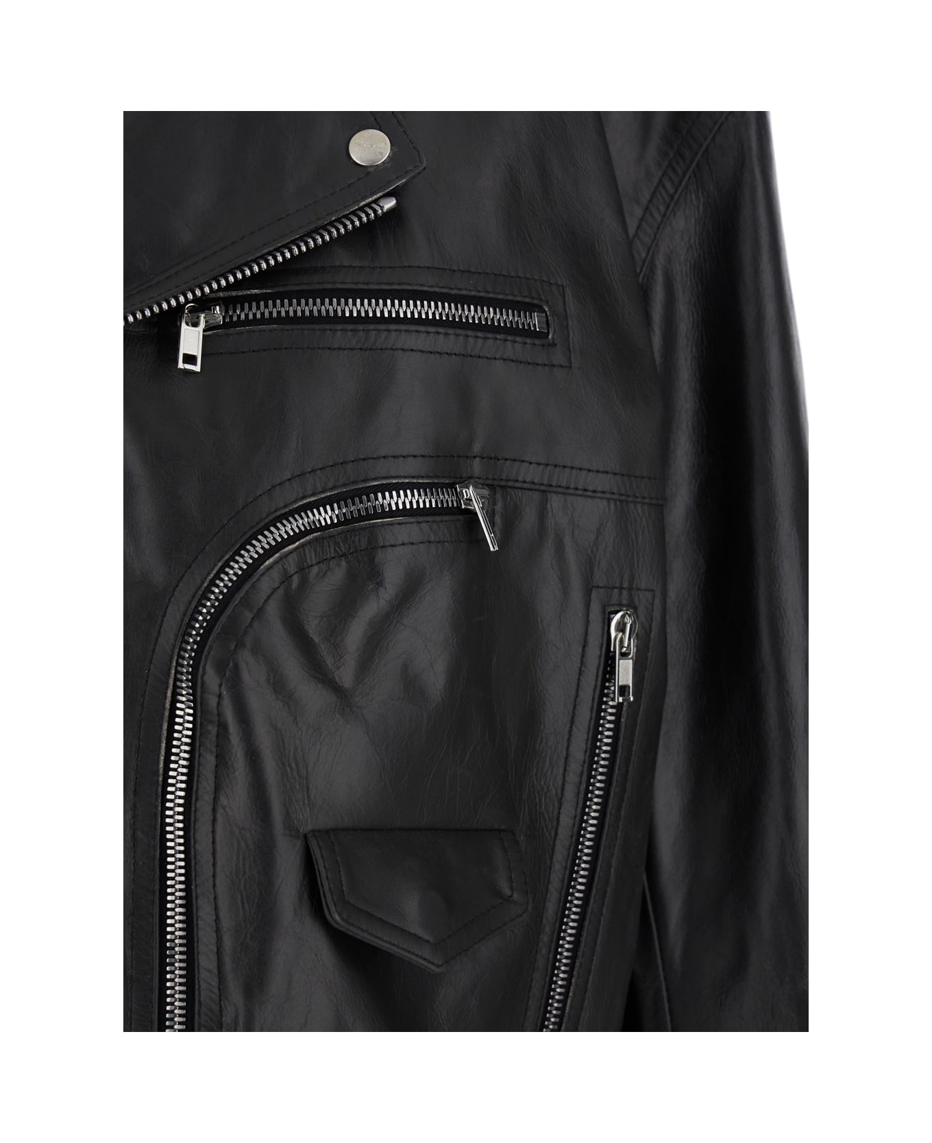 'jumbo' Black Cropped Jacket With Notched Revers And Waist Belt In Leather Woman - 3