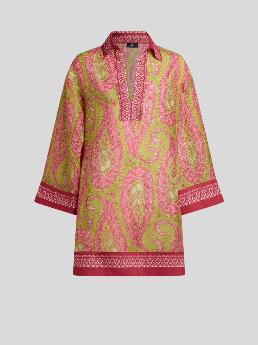COVER-UP MINI DRESS IN COTTON-BLEND FABRIC WITH PAISLEY FOLIAGE MOTIF - 1