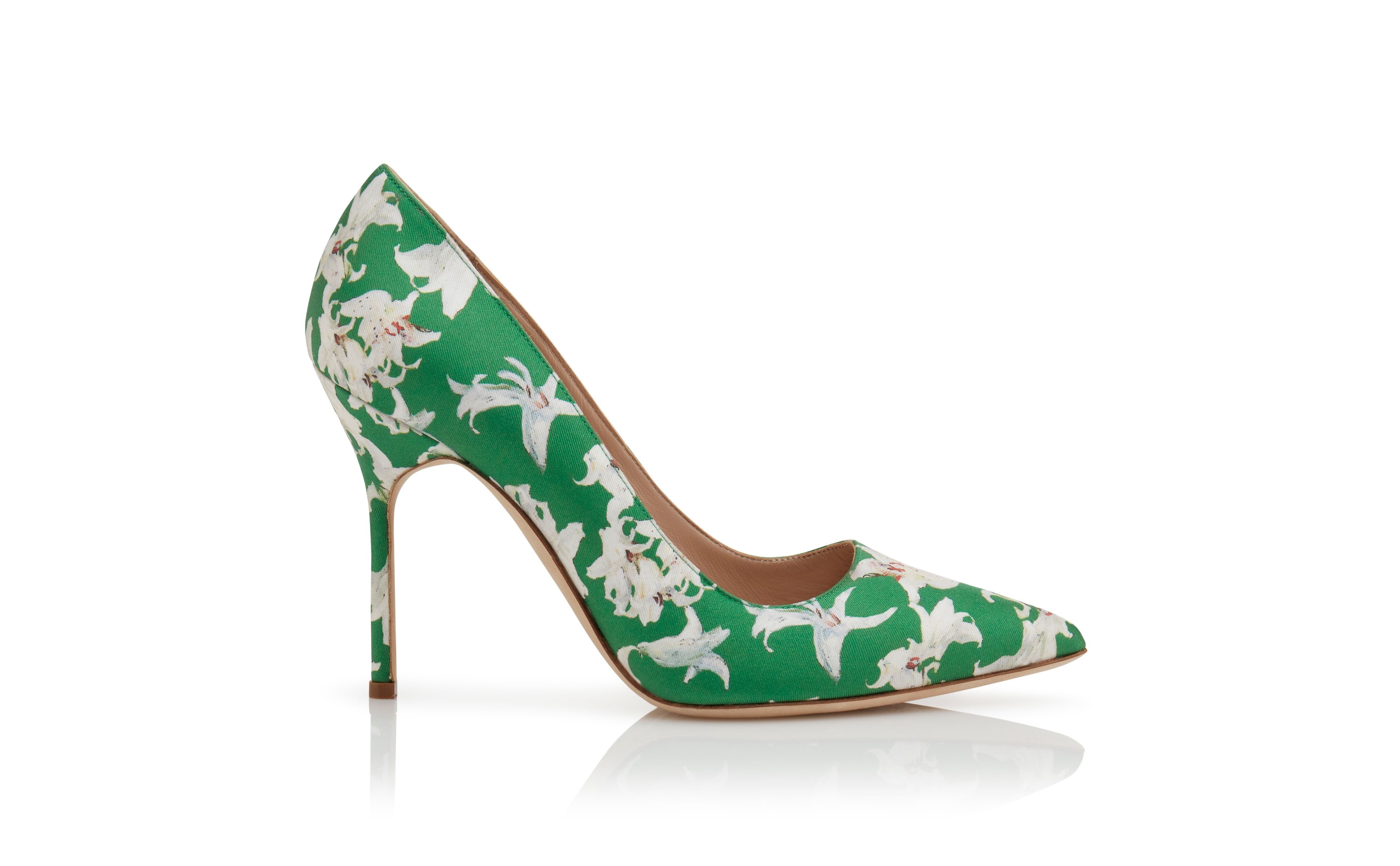 Green Silk Floral Print Pumps - 1