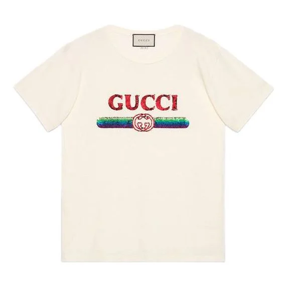 (WMNS) Gucci Sequined Letter Logo Oversized Short-Sleeved For White 492347-XJARM-7136 - 1