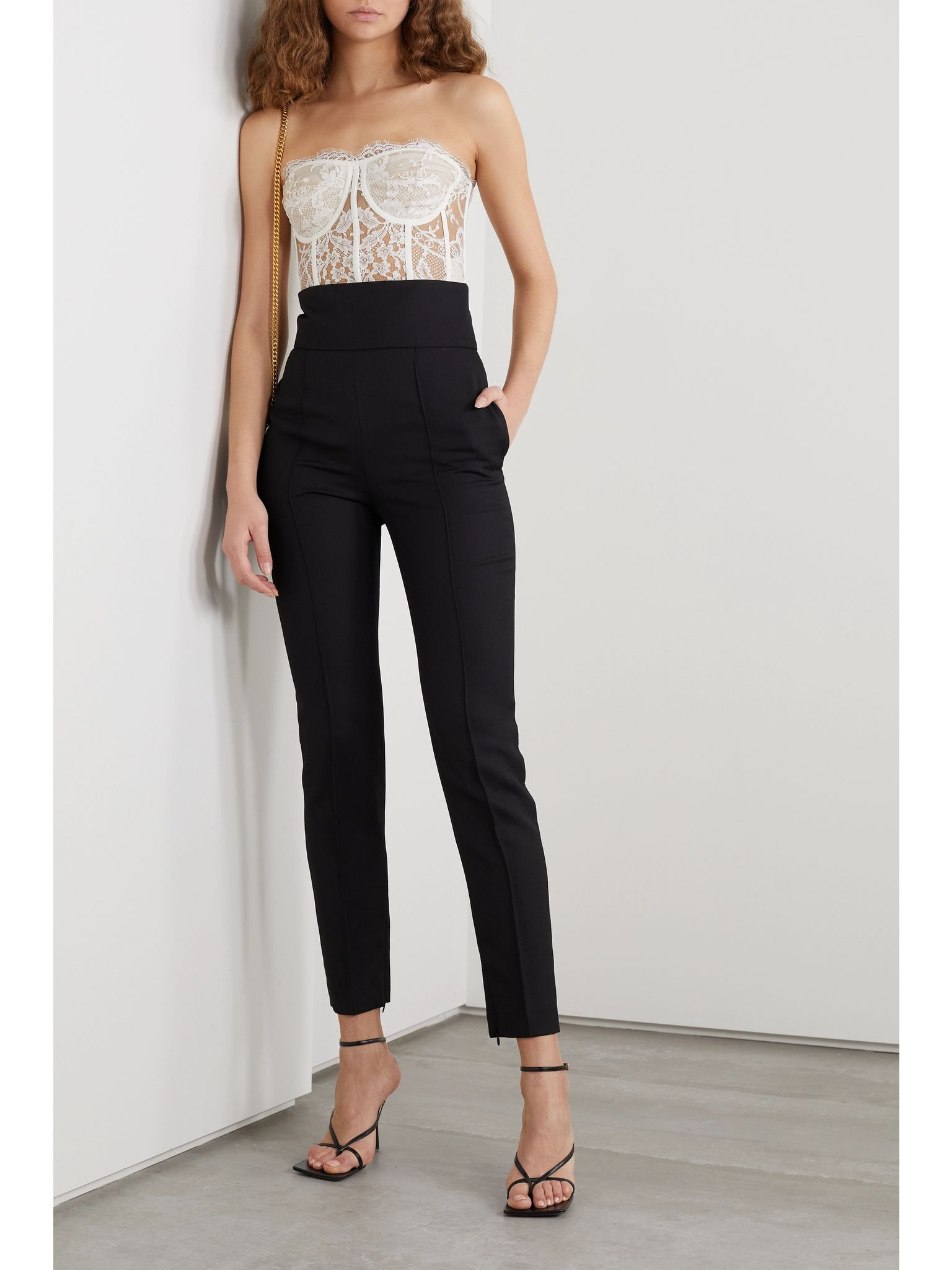 Satin-trimmed cotton-blend corded lace bustier top Ivory - 2
