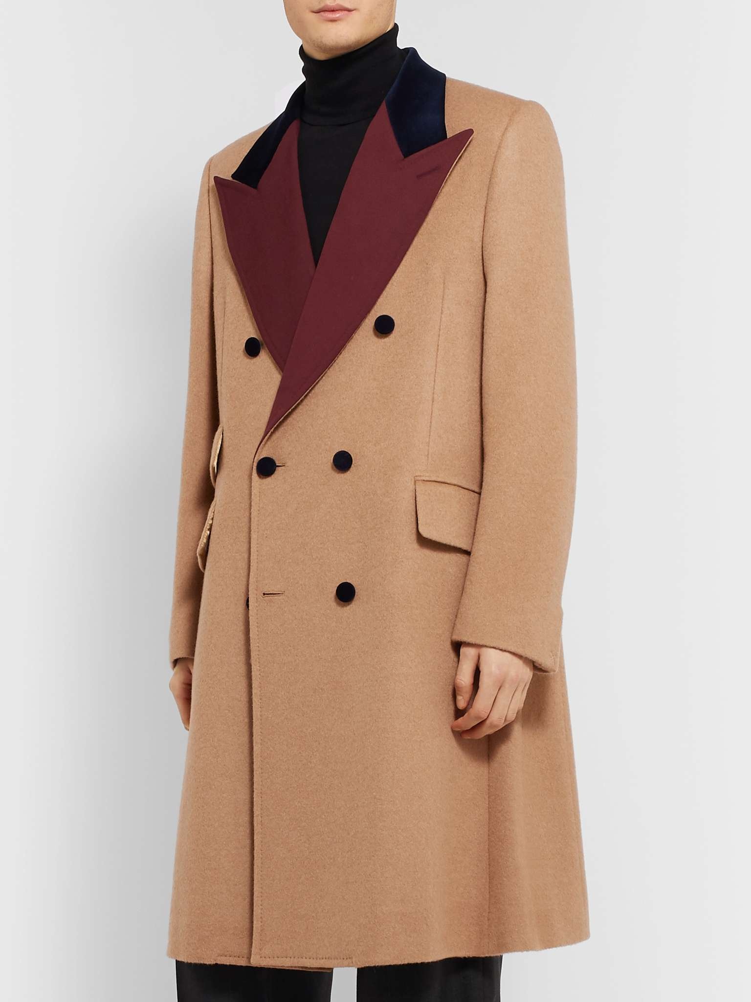 Velvet and Twill-Trimmed Double-Breasted Camel Hair Coat - 4