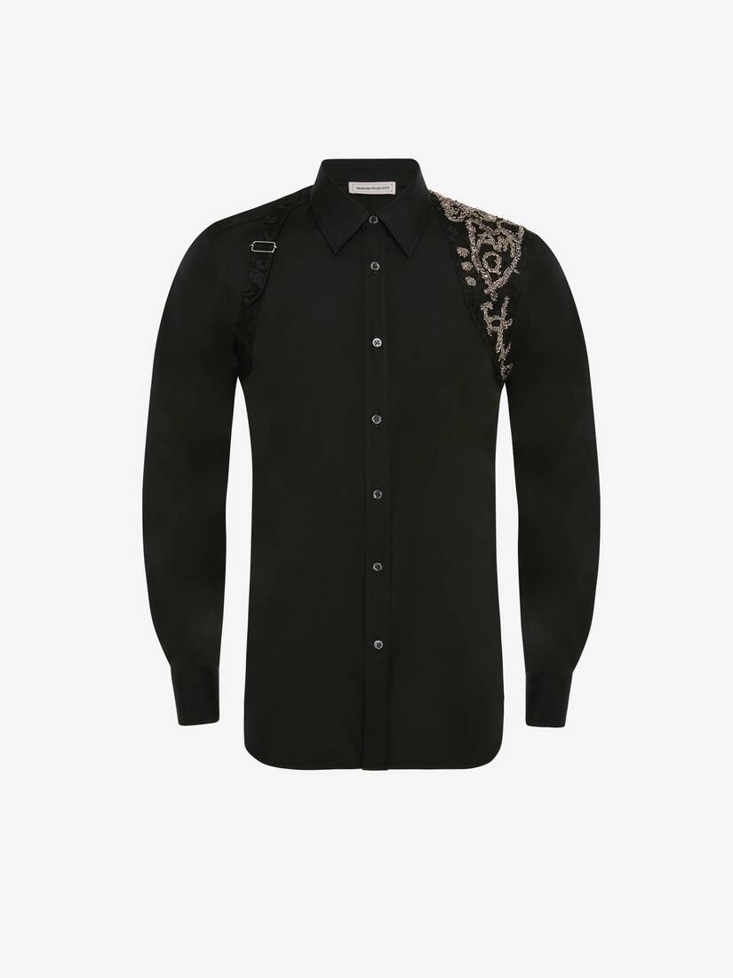 Men's Cotton Poplin Tree Graffiti Harness Shirt in Black - 1