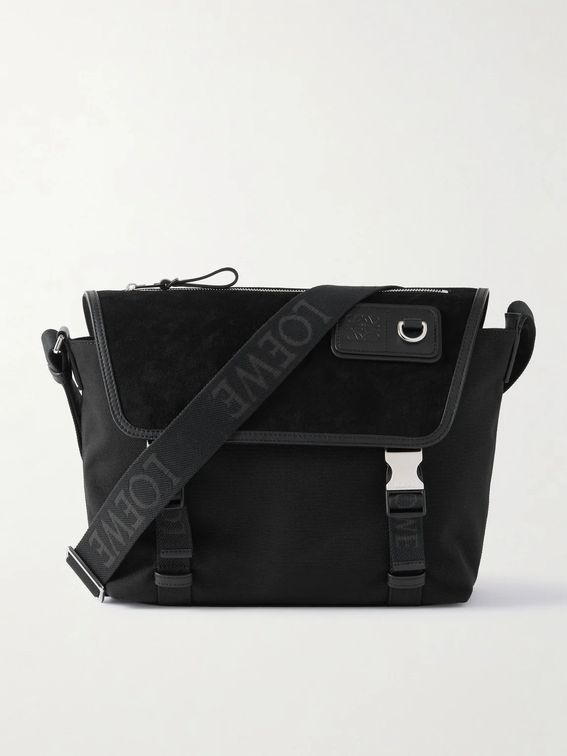 Leather-Trimmed Suede and Canvas Messenger Bag - 1