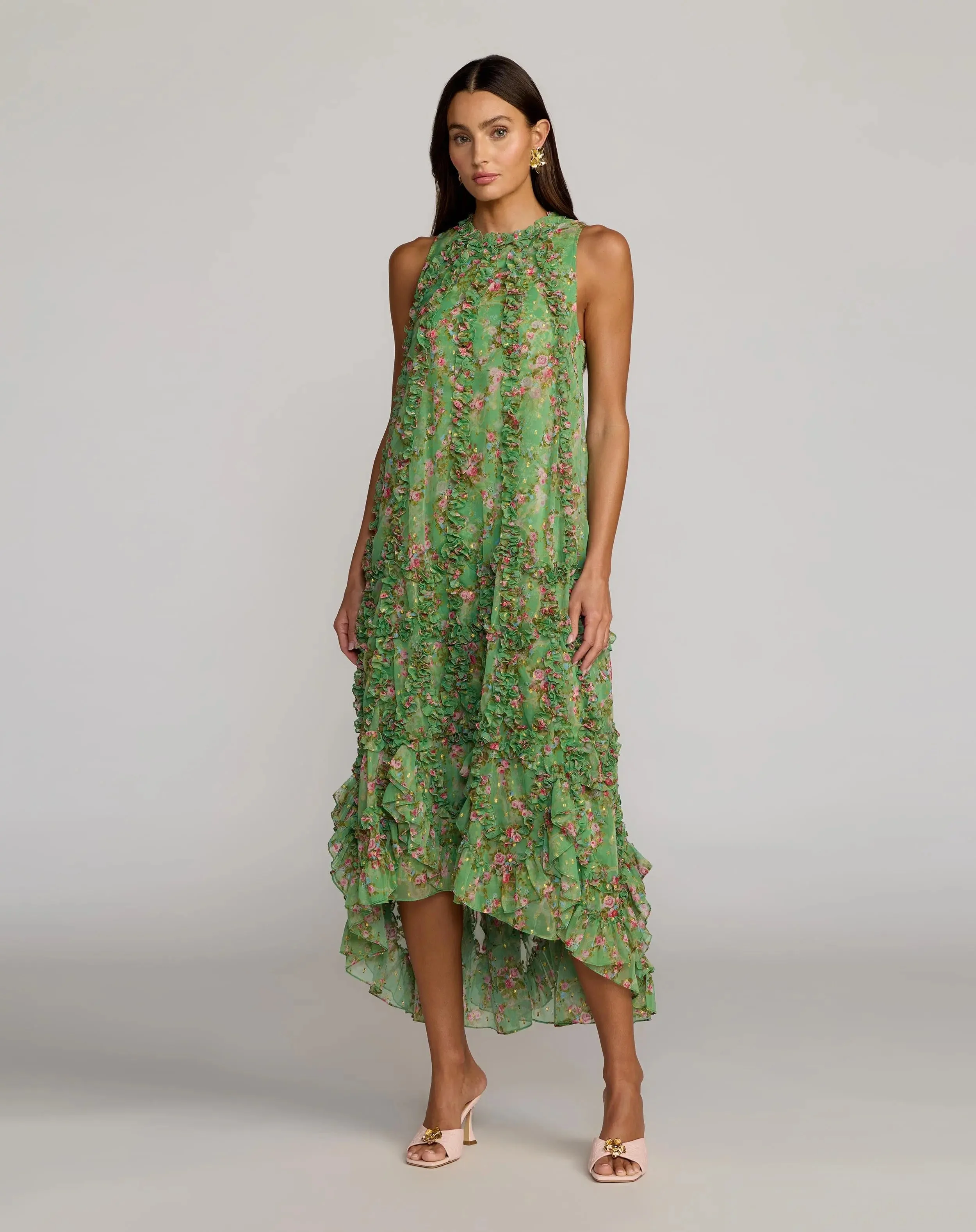 Sage Multi Sleeveless Floral Chiffon Micro Ruffle Trapeze Midi Dress - 1