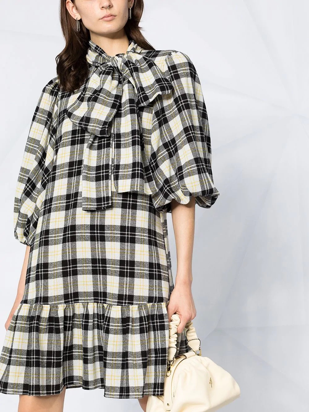 check-print puff-sleeve dress - 5