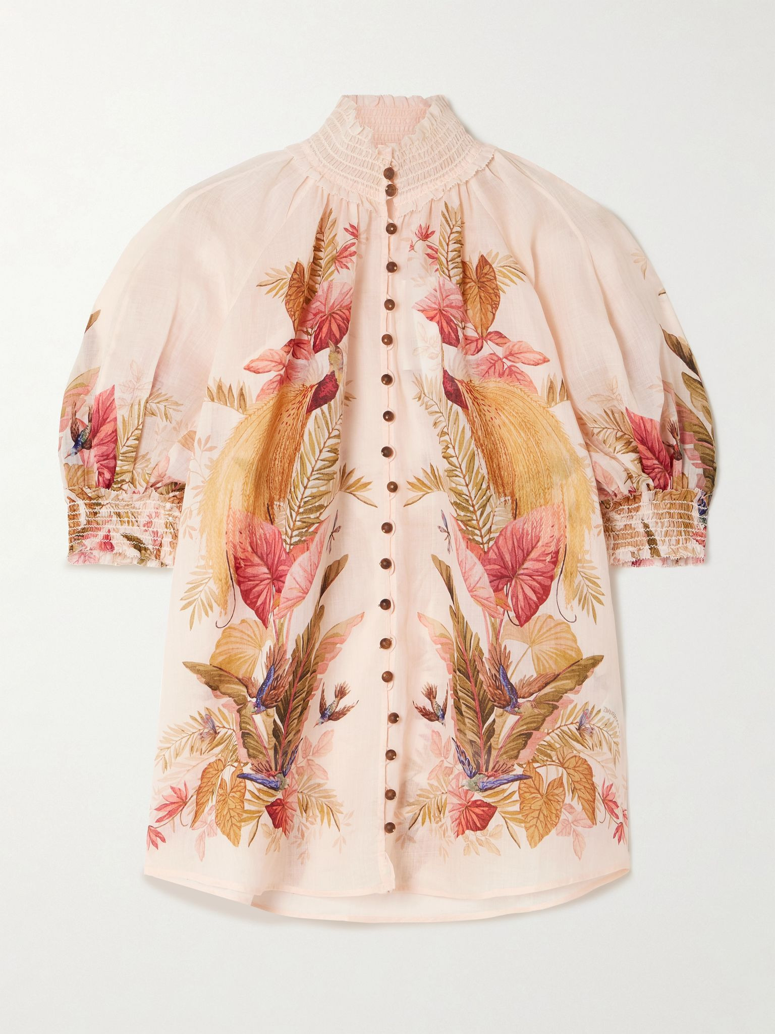 Ascension embellished shirred floral-print ramie blouse Cream - 1
