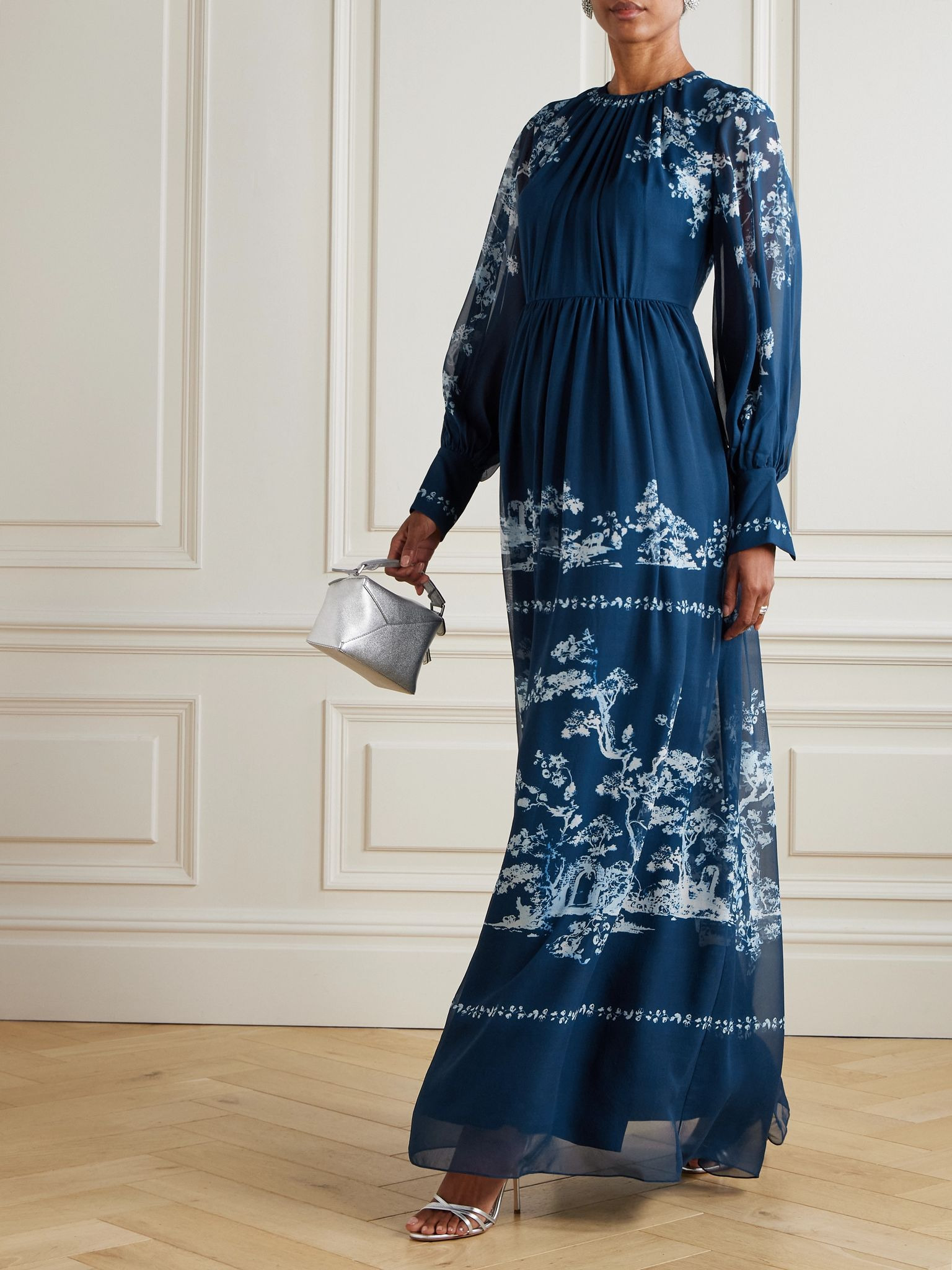 Printed silk-voile gown Navy - 2