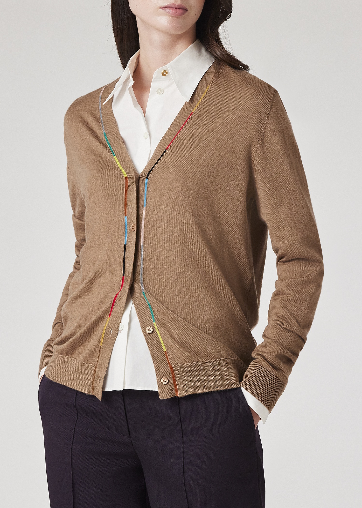 Women's Taupe Merino Knitted V-Neck Cardigan - 3