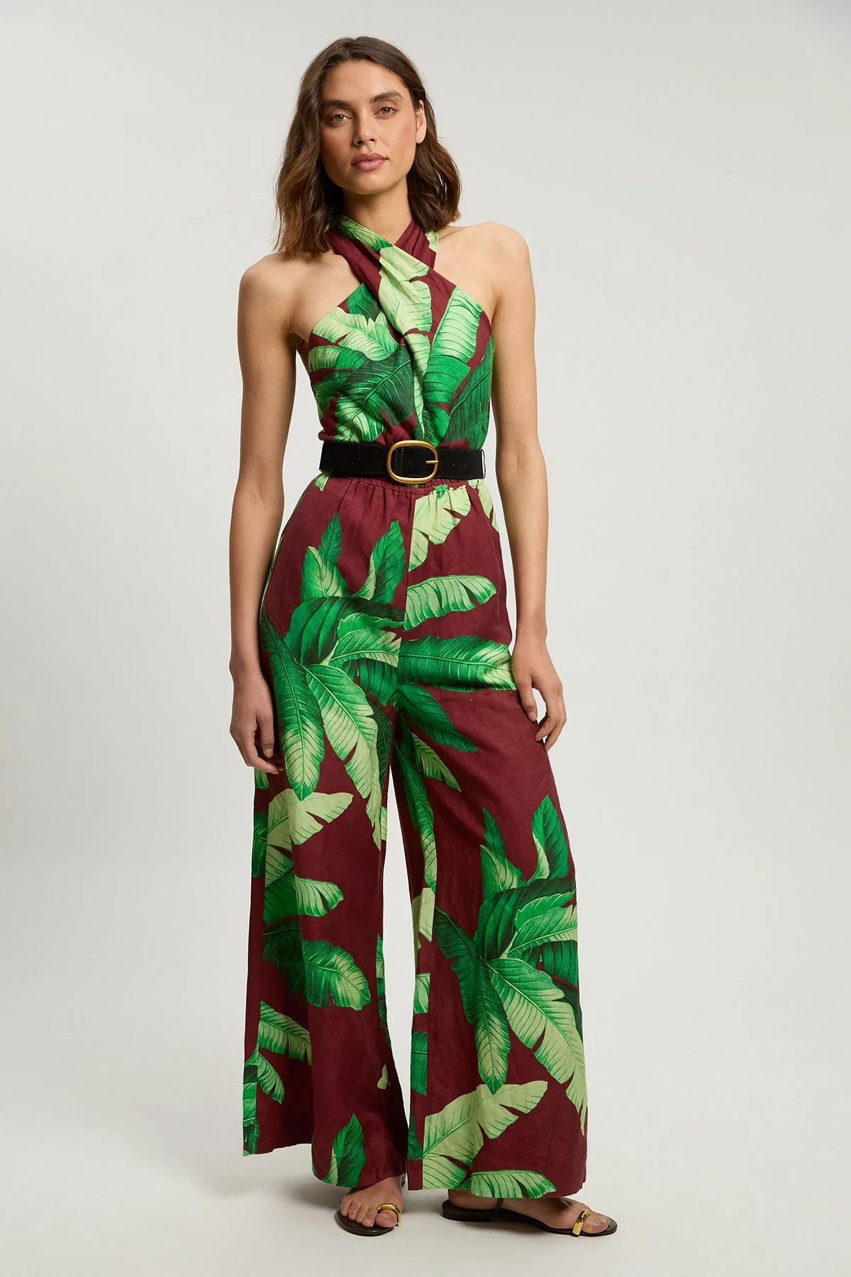 Viscose Linen Palm Tree Belted Halterneck Woven Jumpsuit - 1