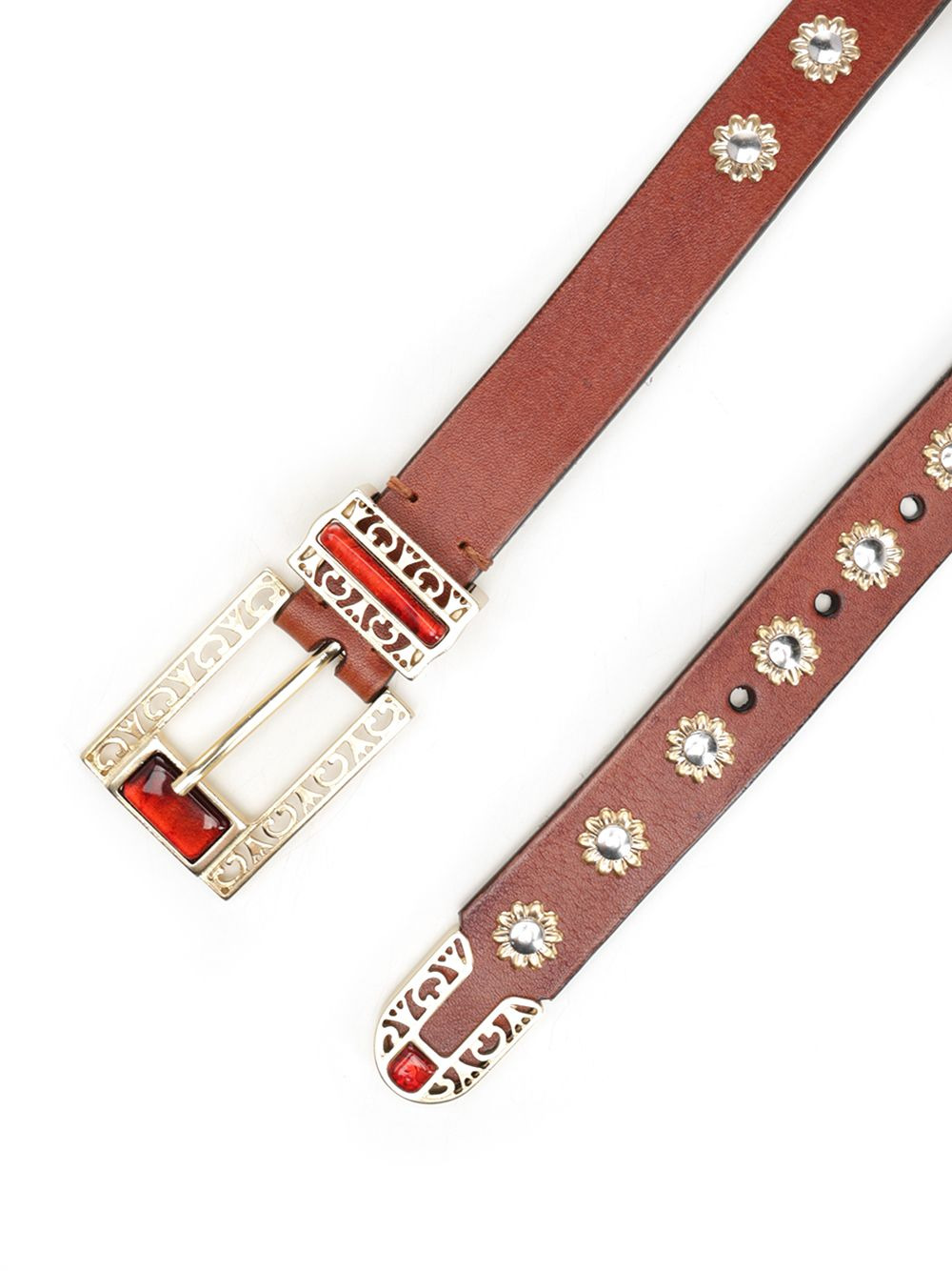 Belt With Amber Inserts Leather Body With Metallic Gold Flower Details Belts Brown - 2