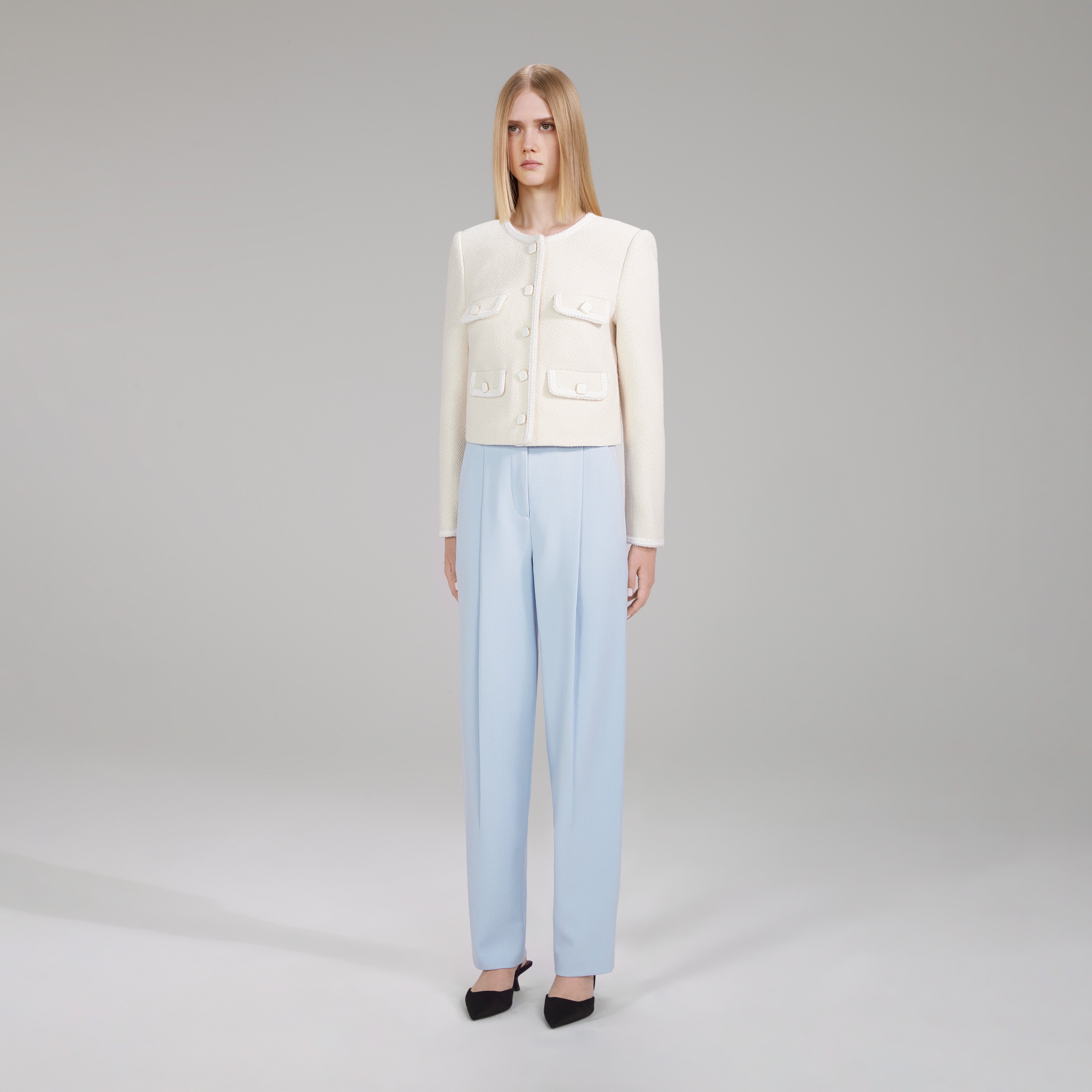 White Textured Weave Crop Jacket - 2