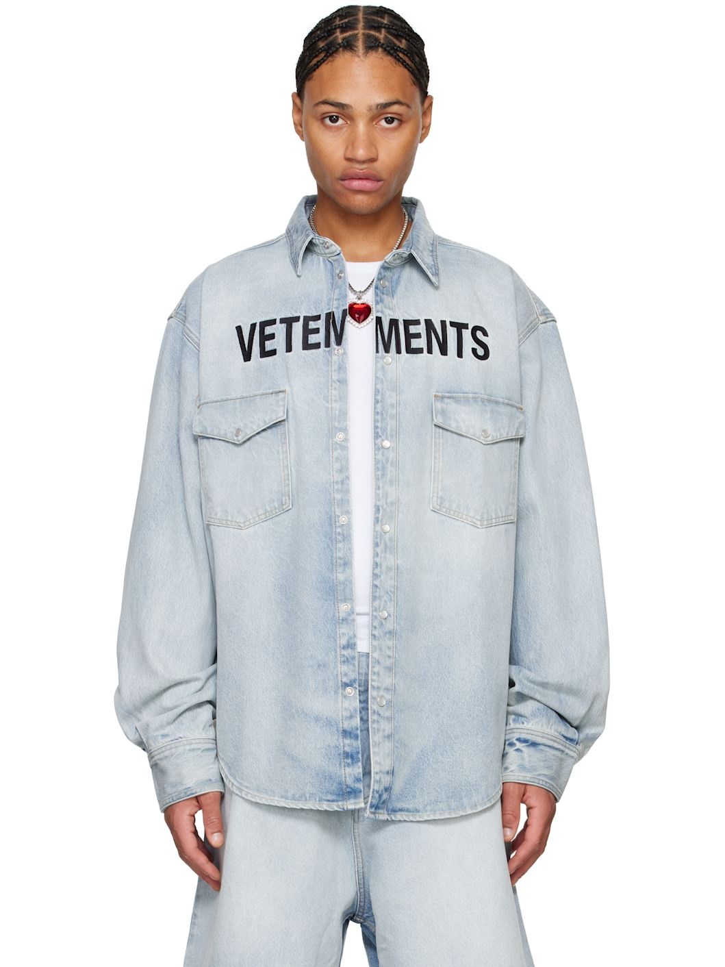 Blue Embroidered Logo Denim Shirt - 1
