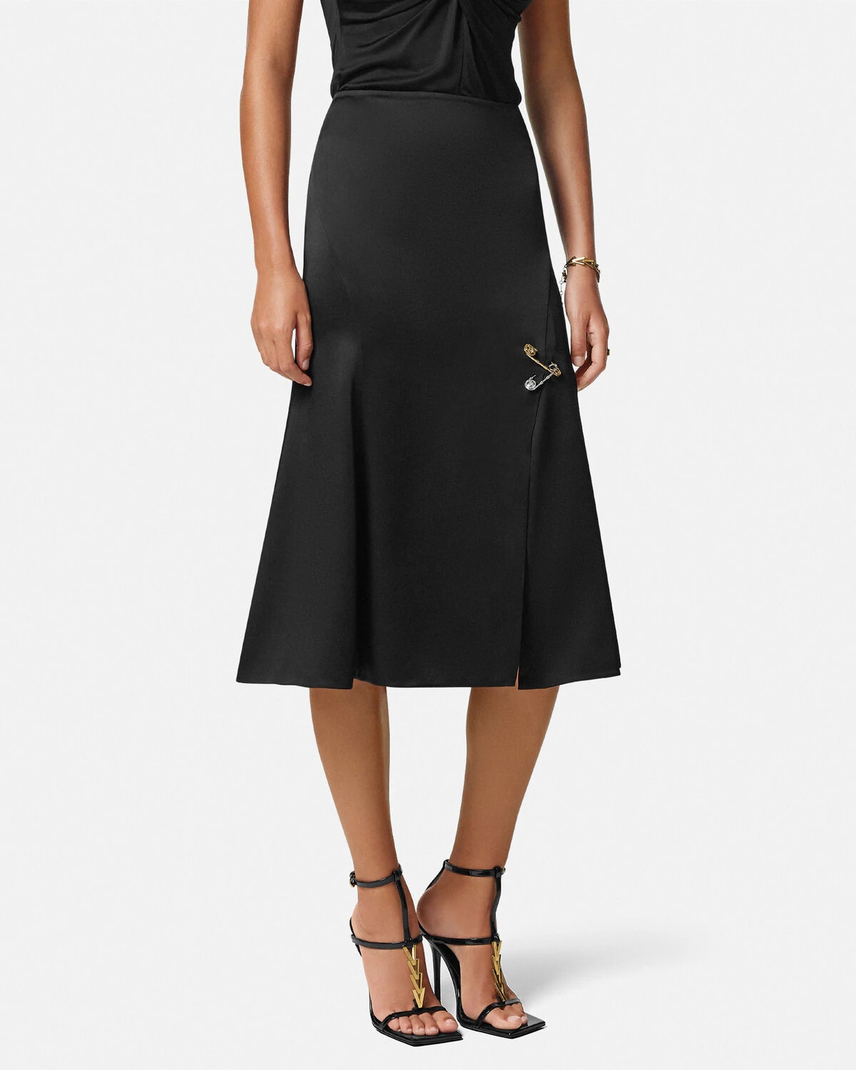 Safety Pin Flowy Satin Midi Skirt - 4