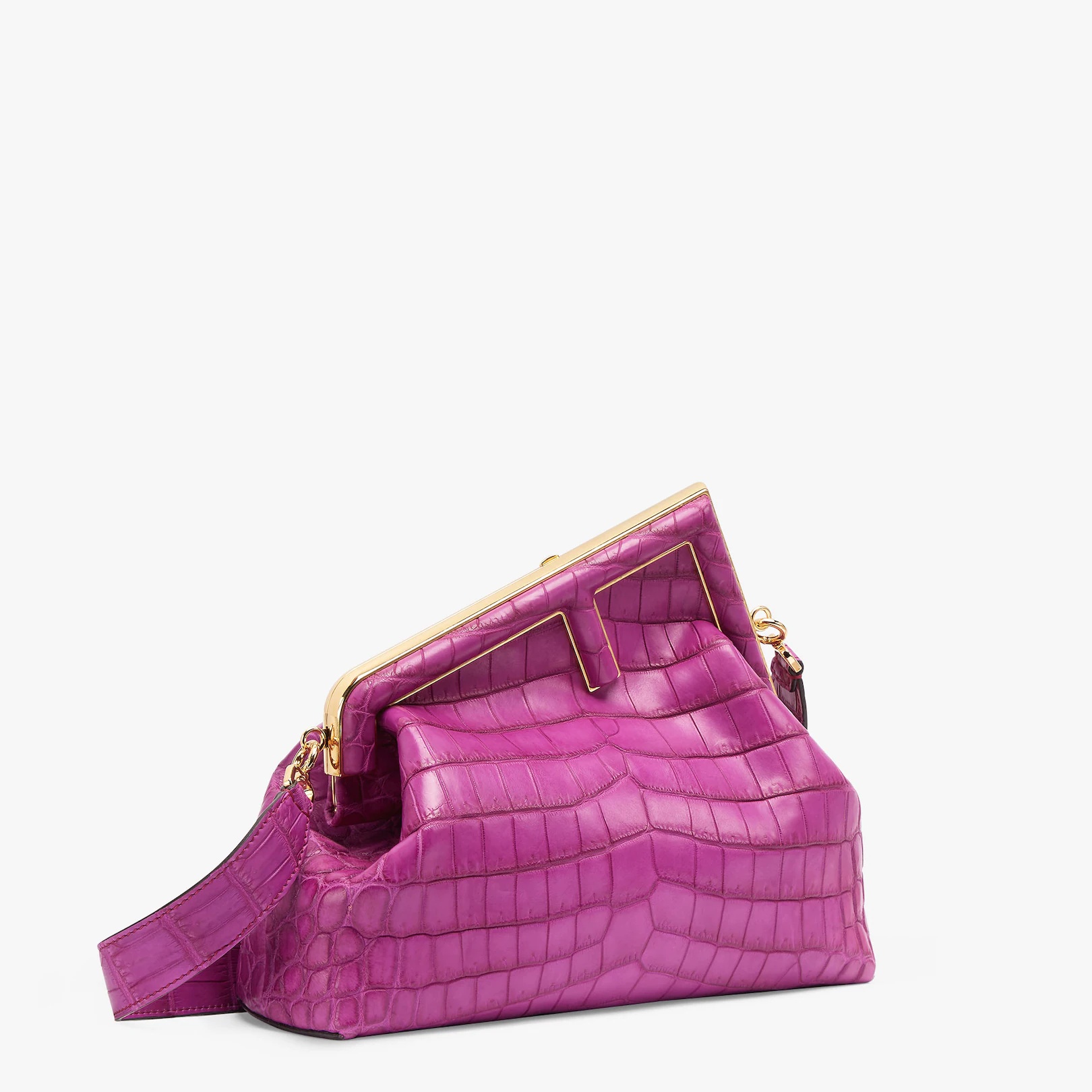 Medium Fendi First bag in exquisite purple crocodile leather with an oversized F metal clasp with to - 2