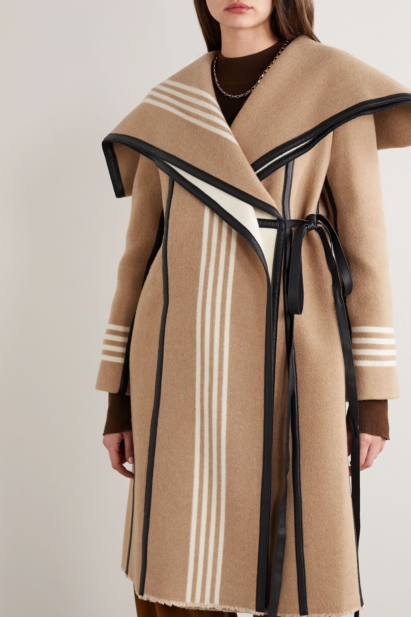 Layered cape-effect leather-trimmed striped wool coat - 3