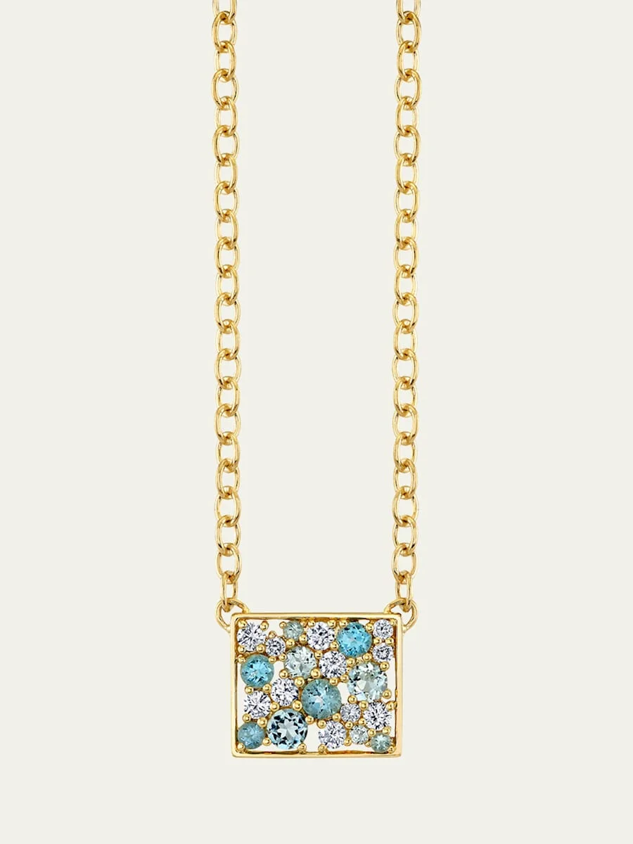 14K Diamond, Topaz and Aquamarine Rectangular Cocktail Fixed Pendant Necklace - 1