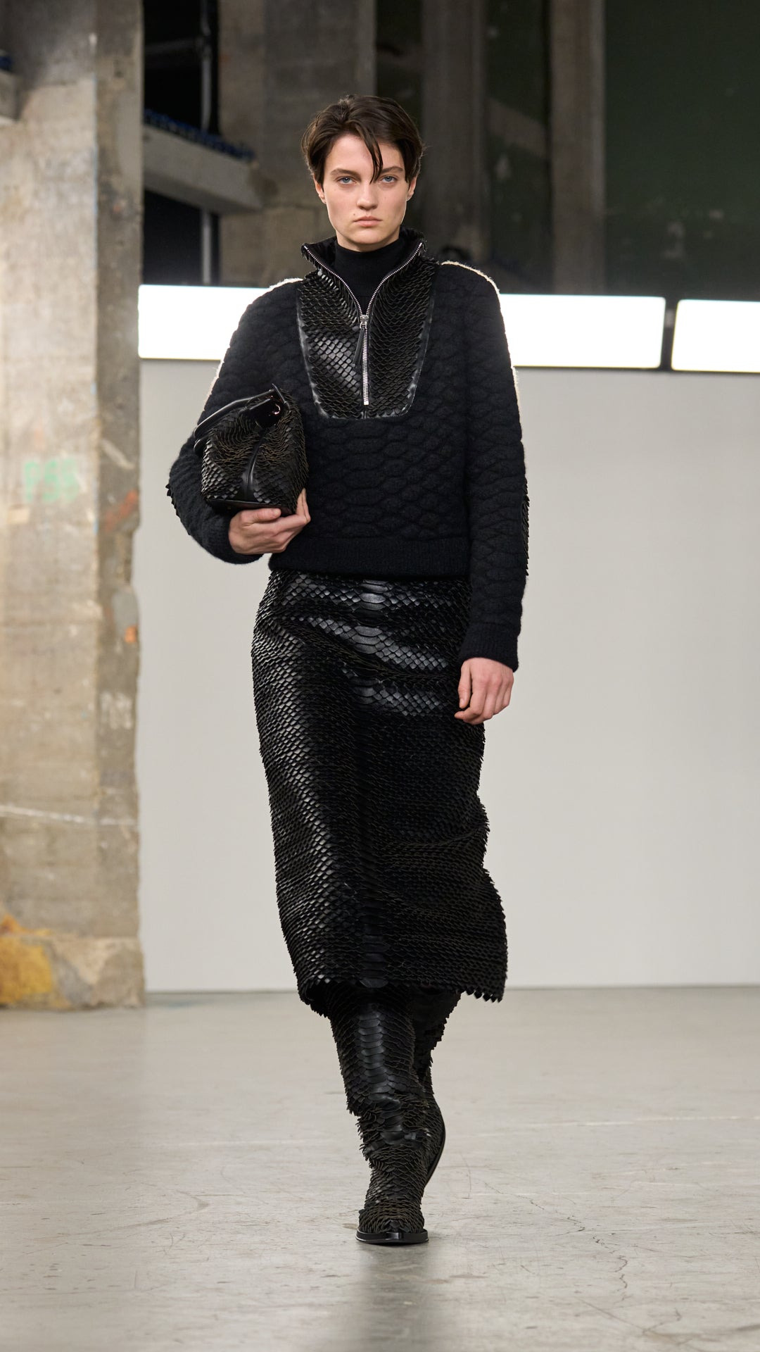 Isha Mock Funnel Neck in Black Nappa Leather Snake Scales & Cashmere - 2