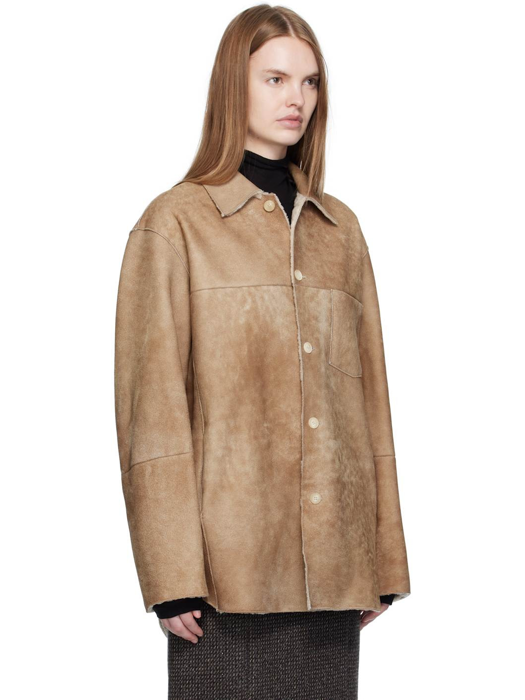 Beige Merino Mouton Shearling Shirt Jacket - 2