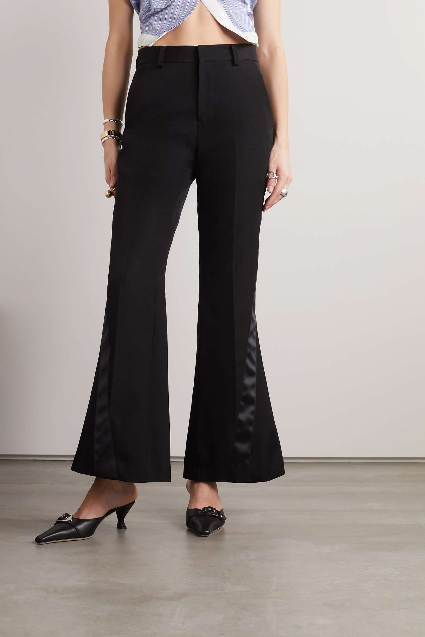 Satin-trimmed silk and cotton-blend flared pants - 3
