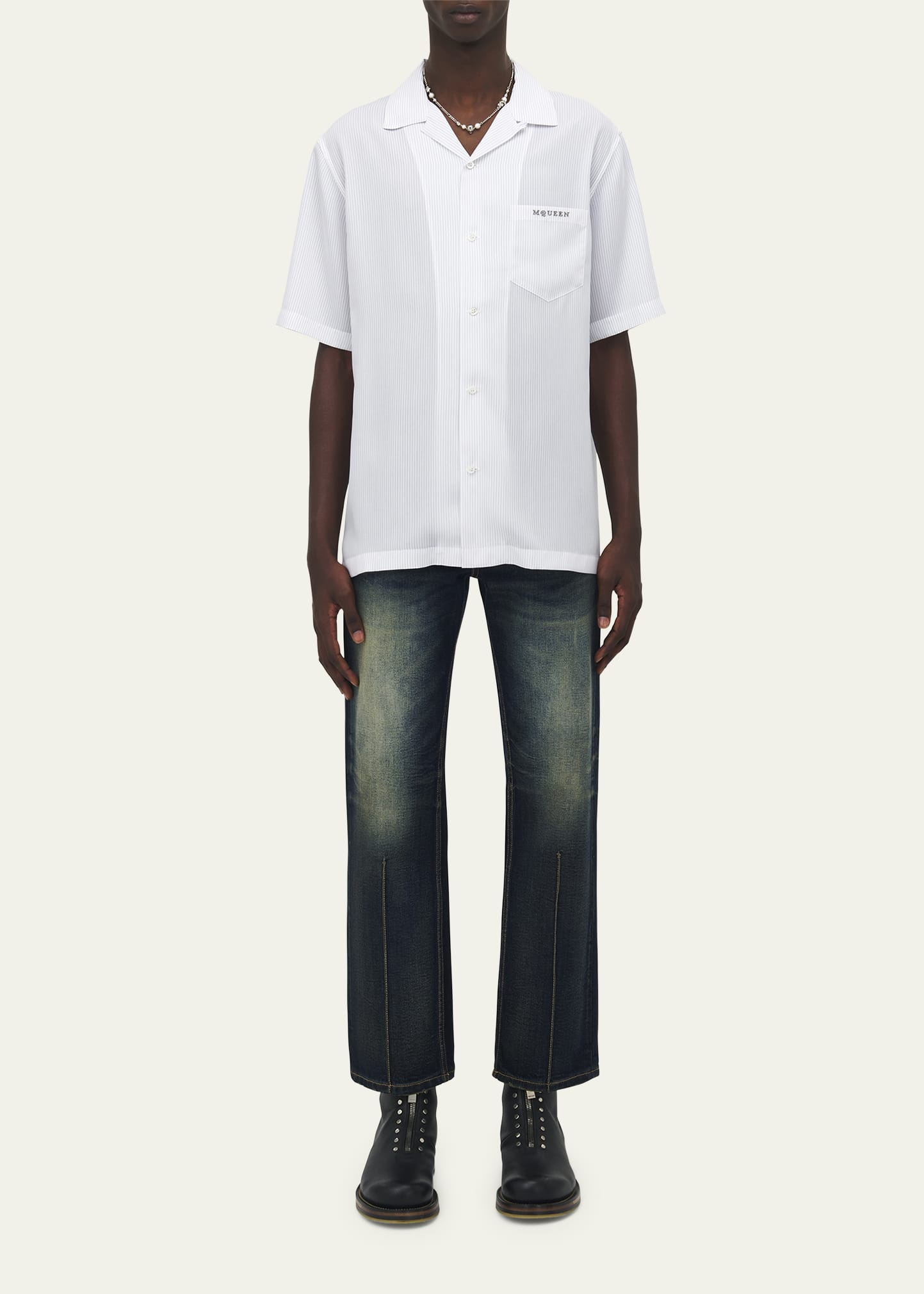 Men's Pinstripe Short-Sleeve Logo Pocket Camp Shirt - 2