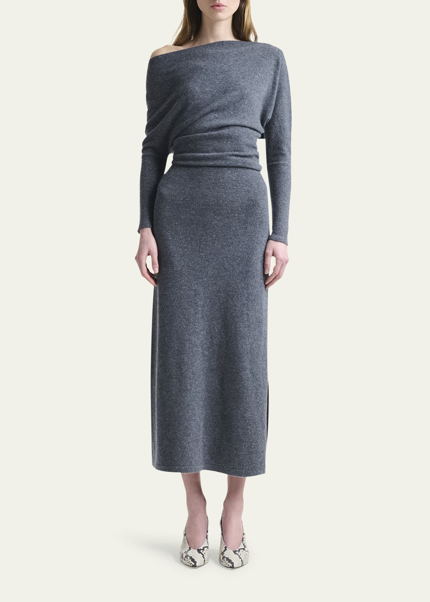 Kasos One-Shoulder Long-Sleeve Cashmere Midi Dress - 2