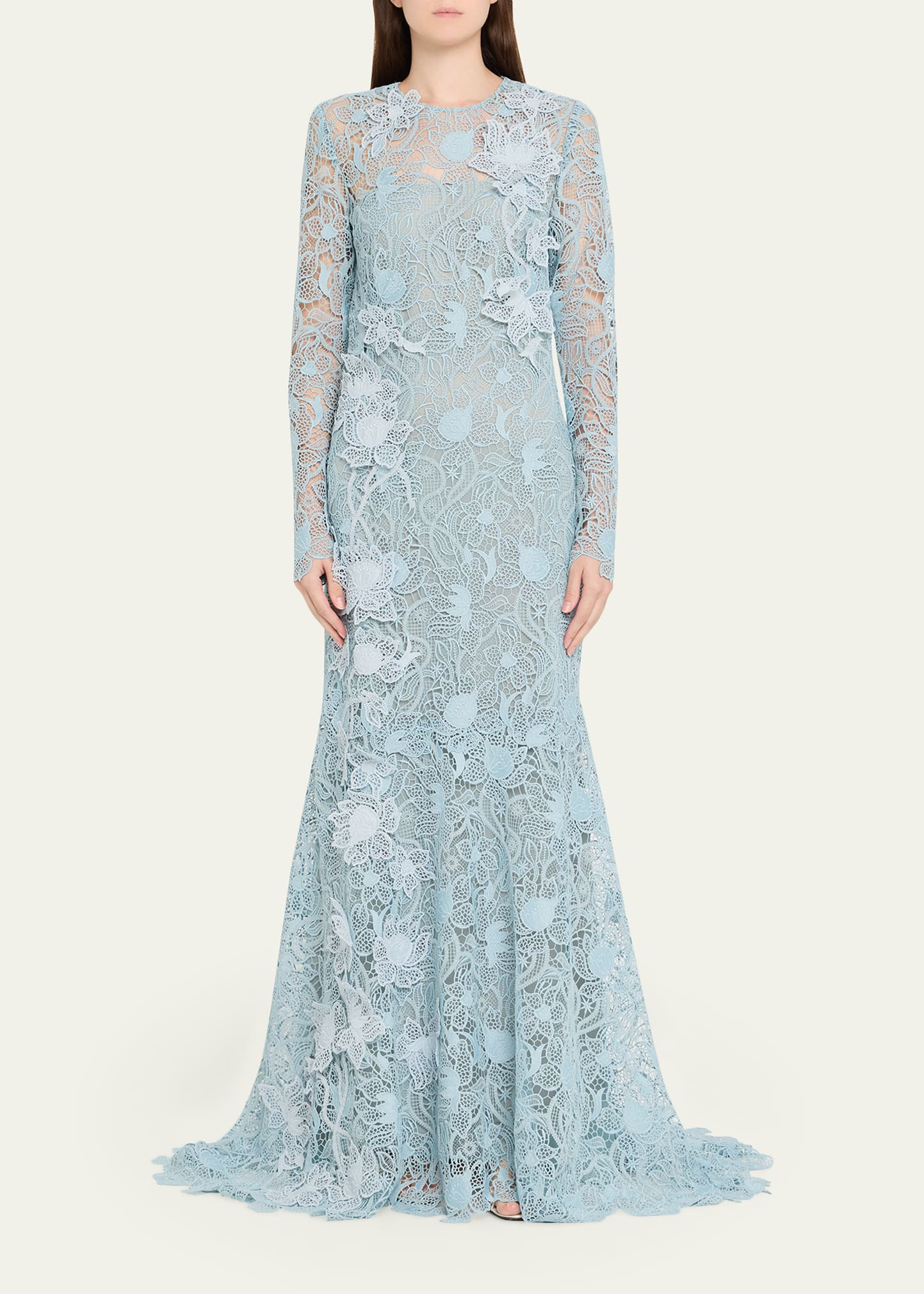 Long-Sleeve Corded Botanical Guipure Gown - 2