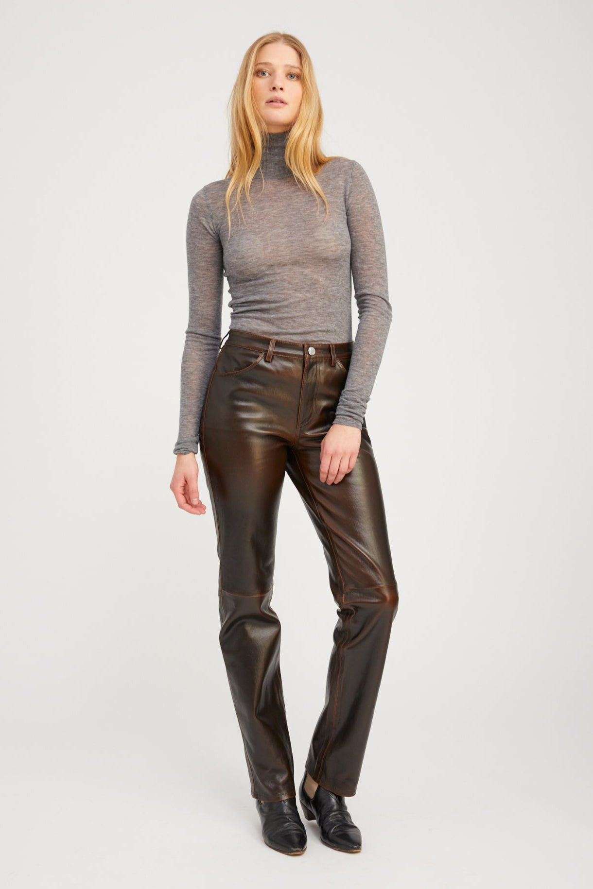 BURNT UMBER LEATHER 5 POCKET SLIM STRAIGHT - 3