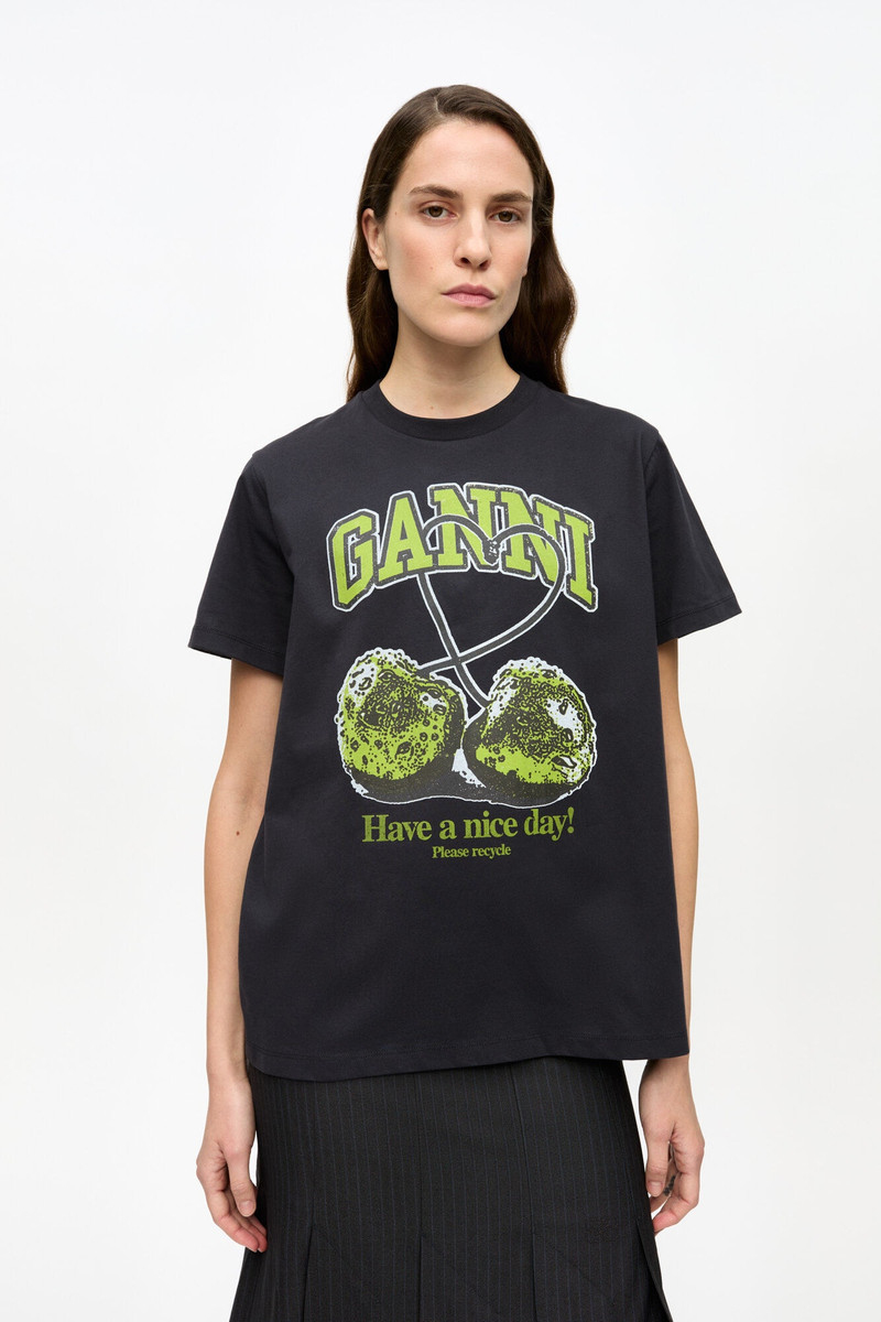 GANNI BLACK BASIC JERSEY GREEN CHERRY RELAXED T-SHIRT outlook