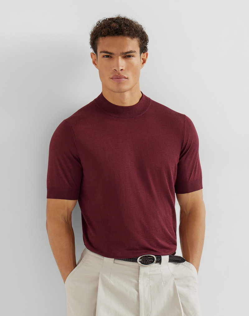Lightweight silk and cotton knit T-shirt with mock neck 5