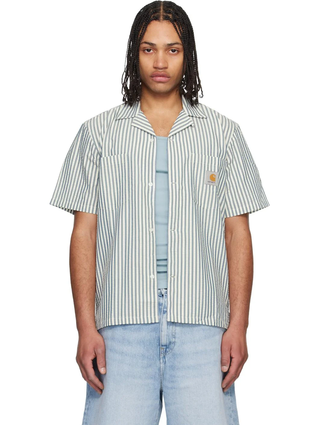 Blue & White Short Sleeve Leavel Stripe Shirt - 1