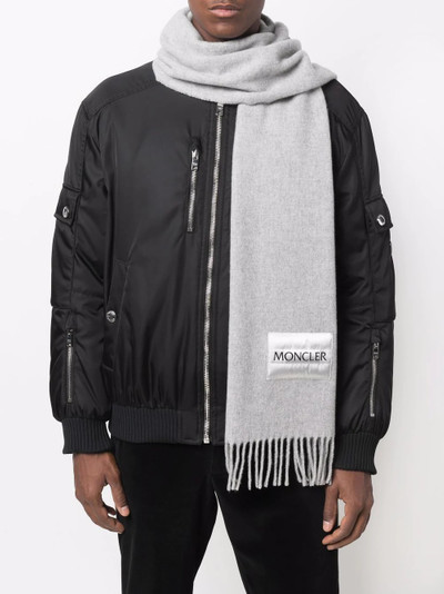 Moncler logo patch wool fringed scarf outlook