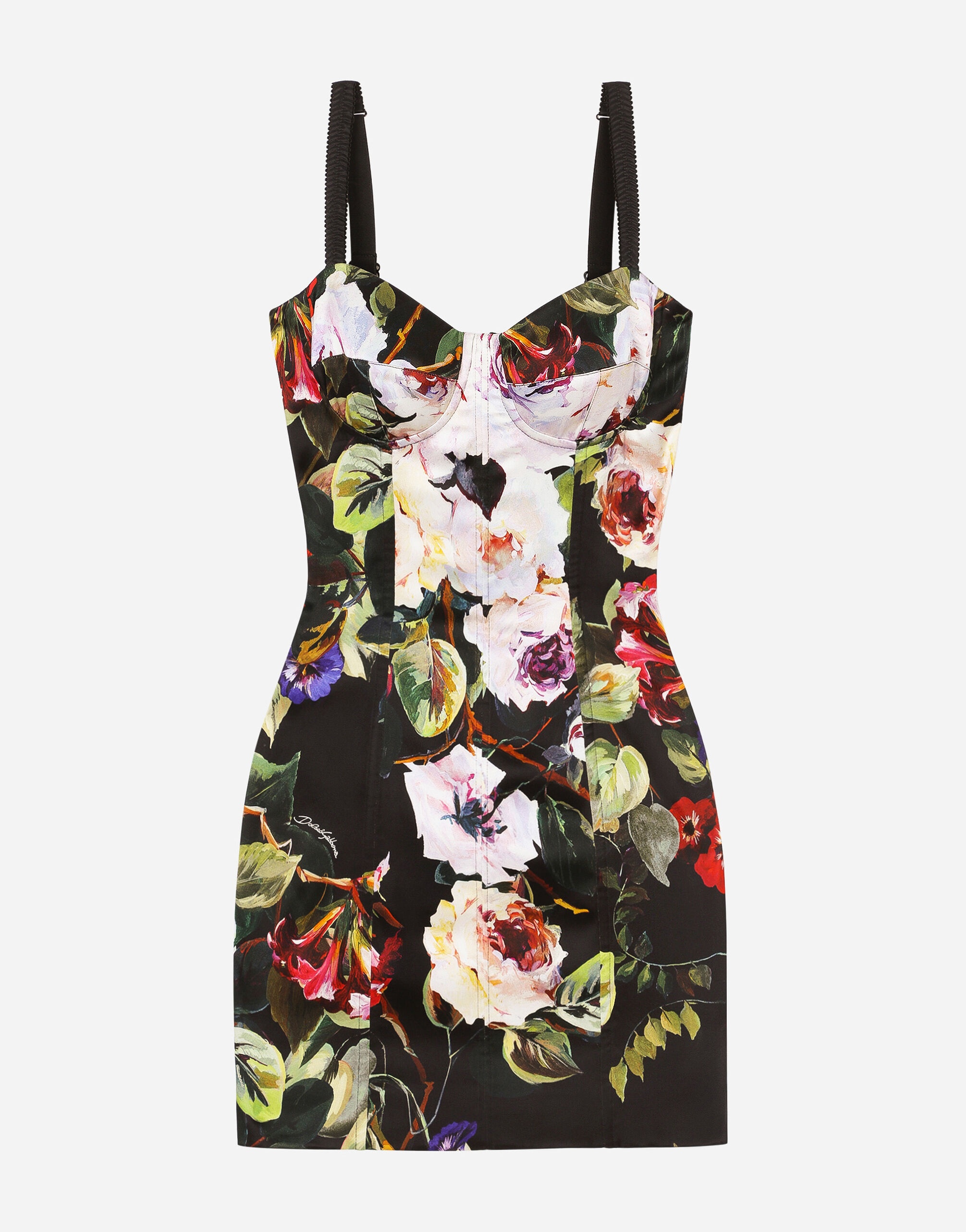 Short satin corset dress with rose garden print - 1