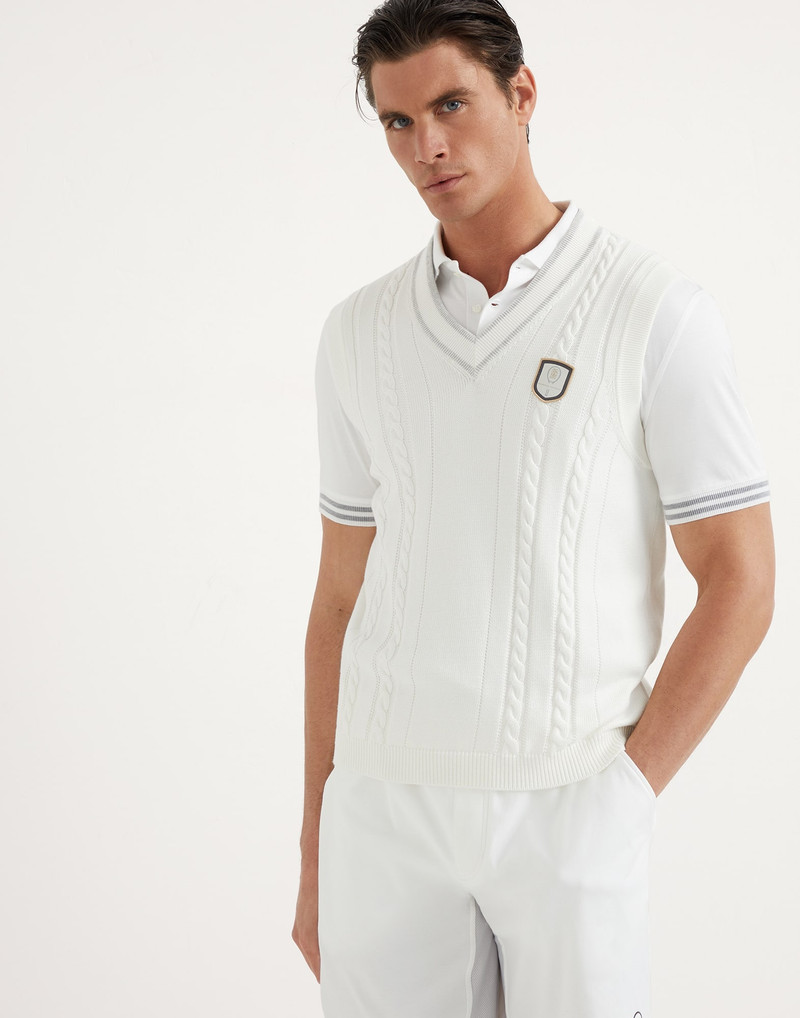 Cotton cable knit vest with tennis badge 1