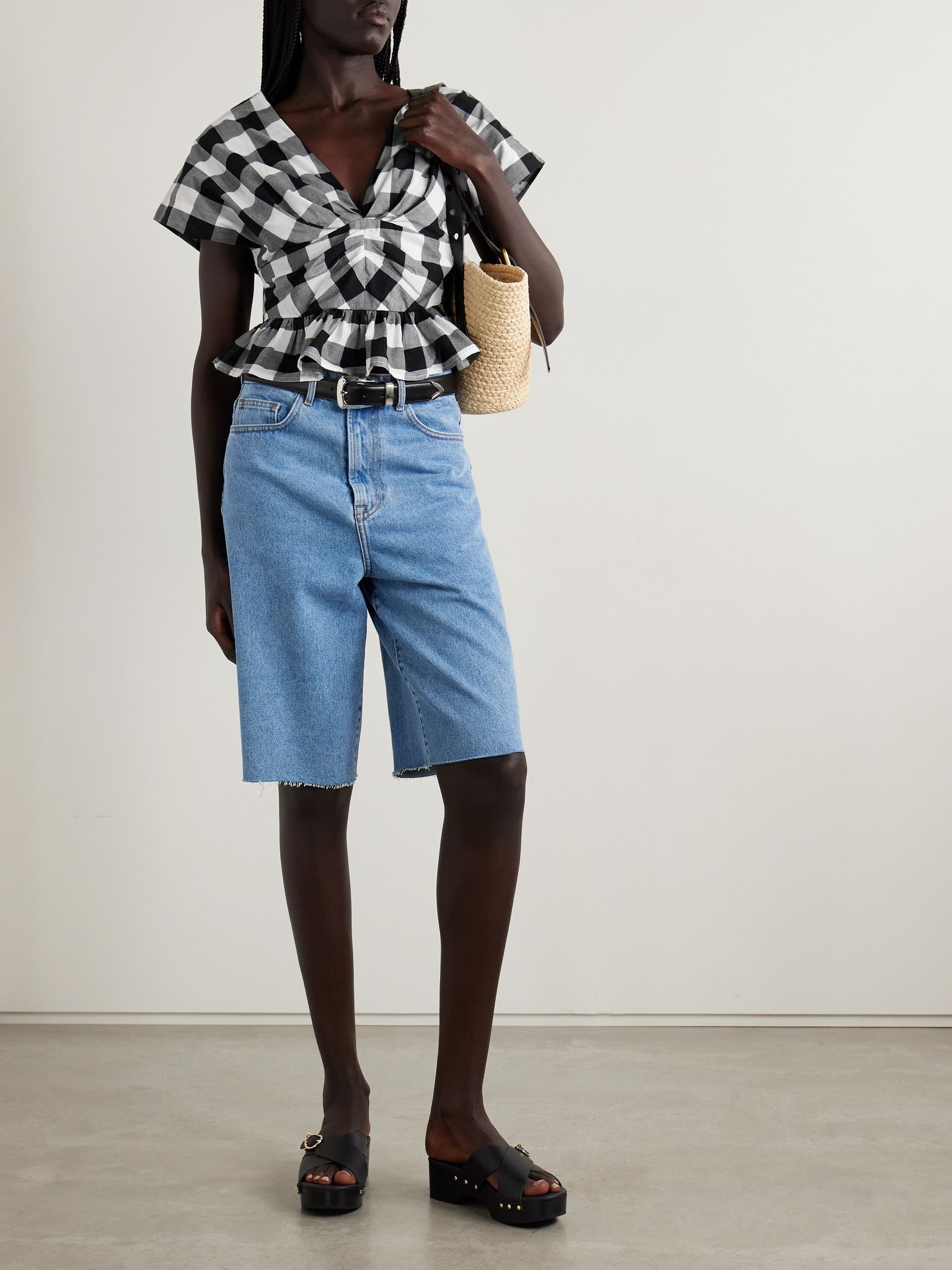 Gathered gingham cotton-poplin peplum top Multi - 2