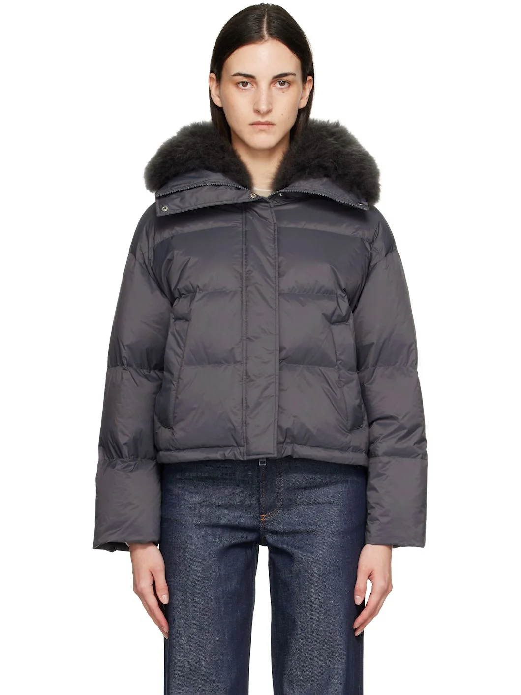 Gray Waterproof Technical Lambswool Trim Short Down Jacket - 1