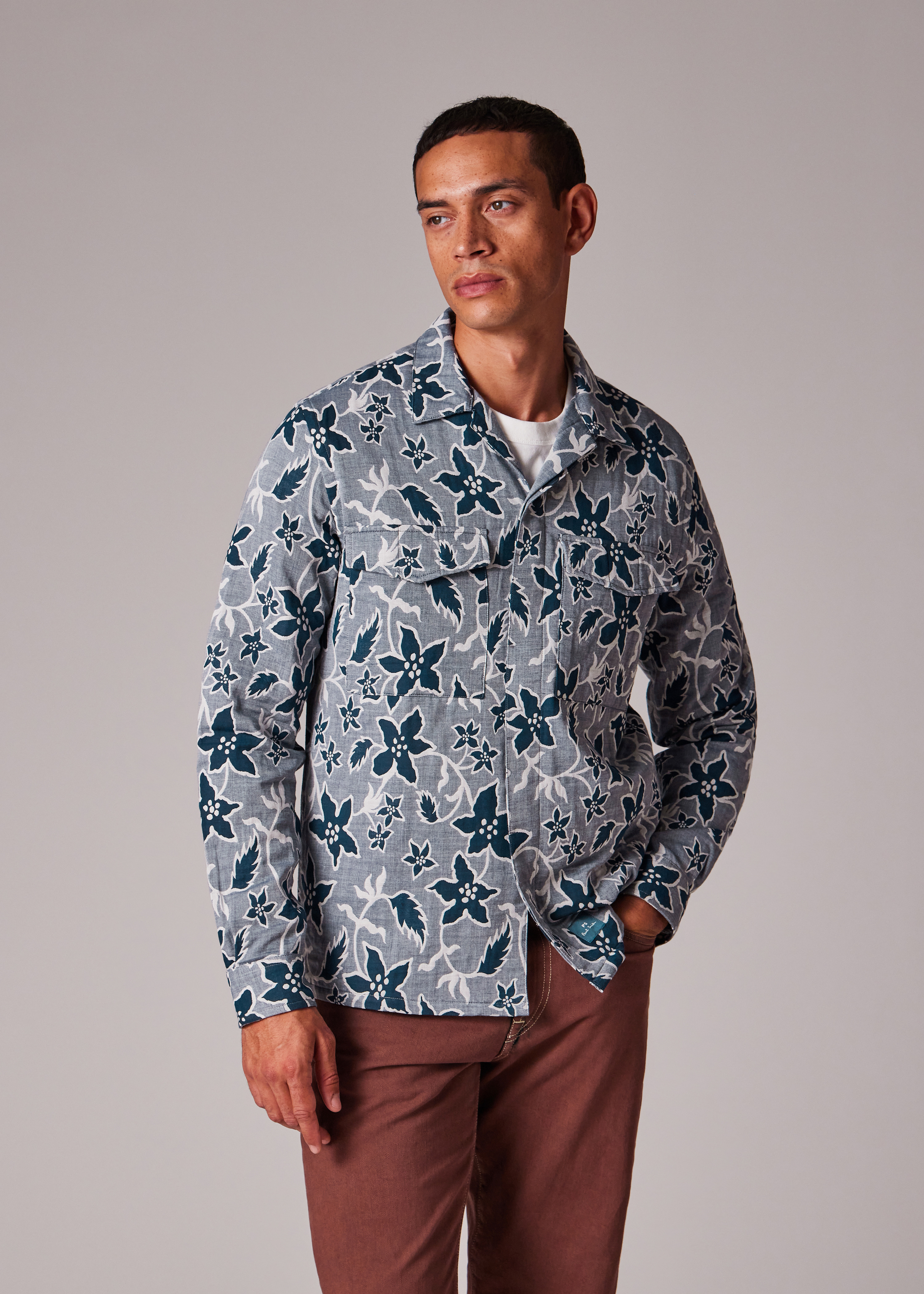 Blue Floral Double-Face Cotton Shirt - 4