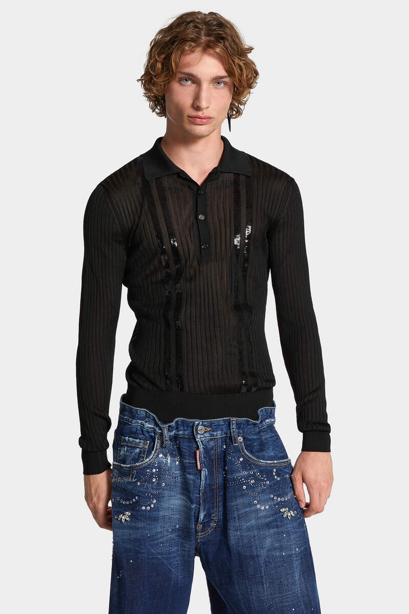 SEQUIN STRIPE KNIT POLO - 3