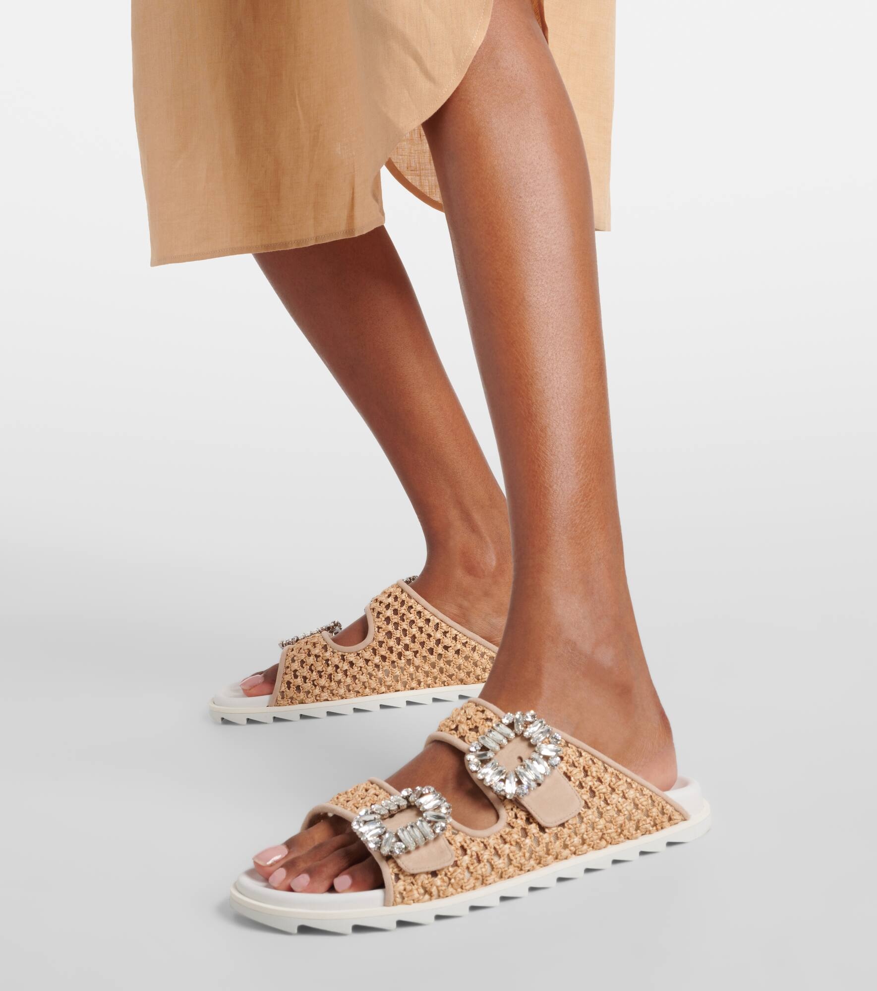 Slidy Viv' leather-trimmed raffia slides - 4