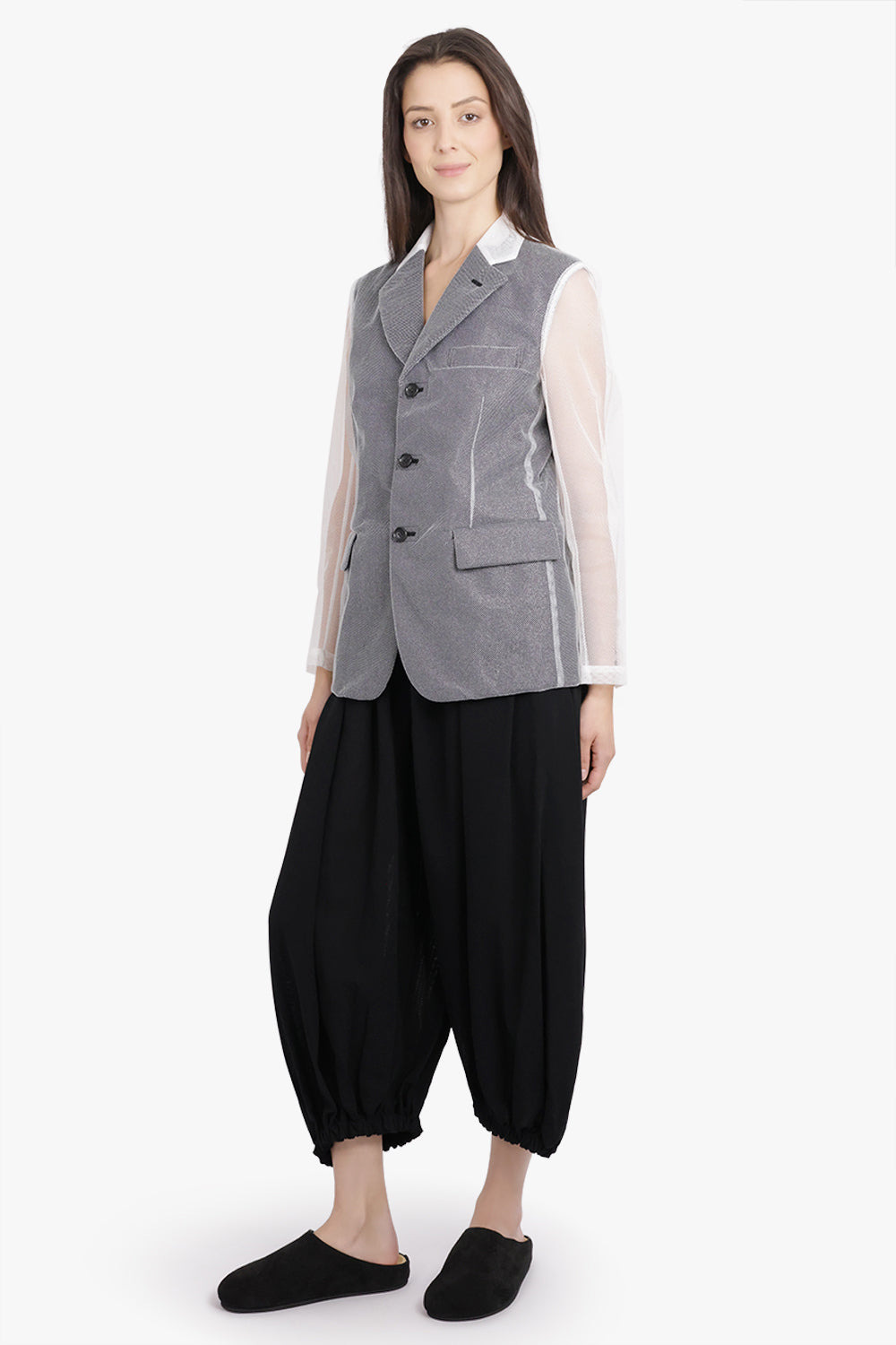 TULLE OVERLAY TAILORED JACKET WITH SHEER SLEEVES | BLACK/SILVER/WHITE - 2