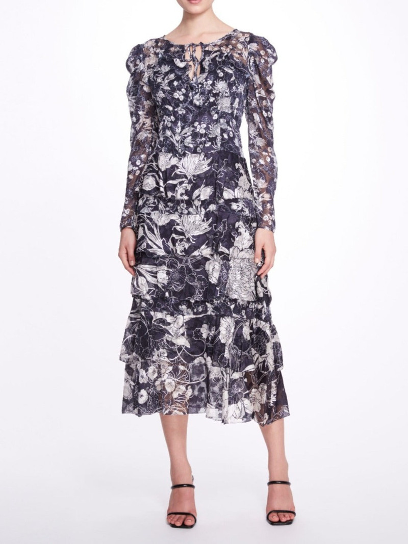 LONG-SLEEVED TIERED RUFFLE CHIFFON MIDI DRESS 1