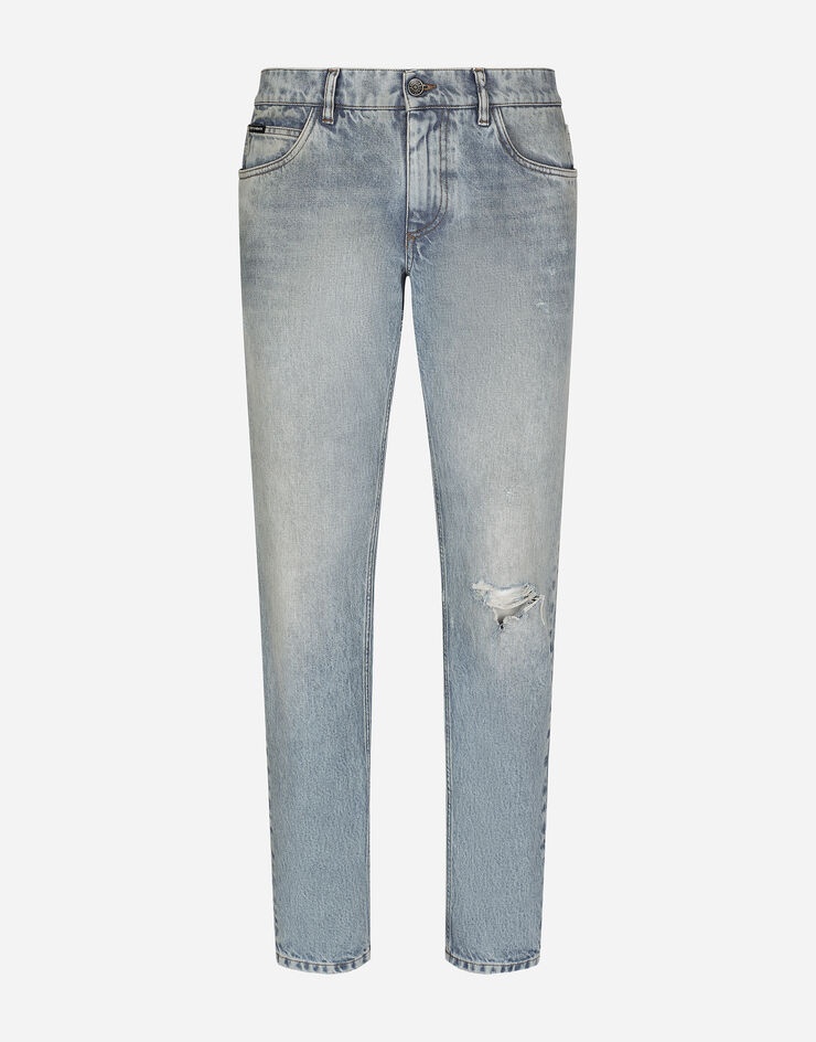 Light blue regular-fit stretch jeans with rips - 1