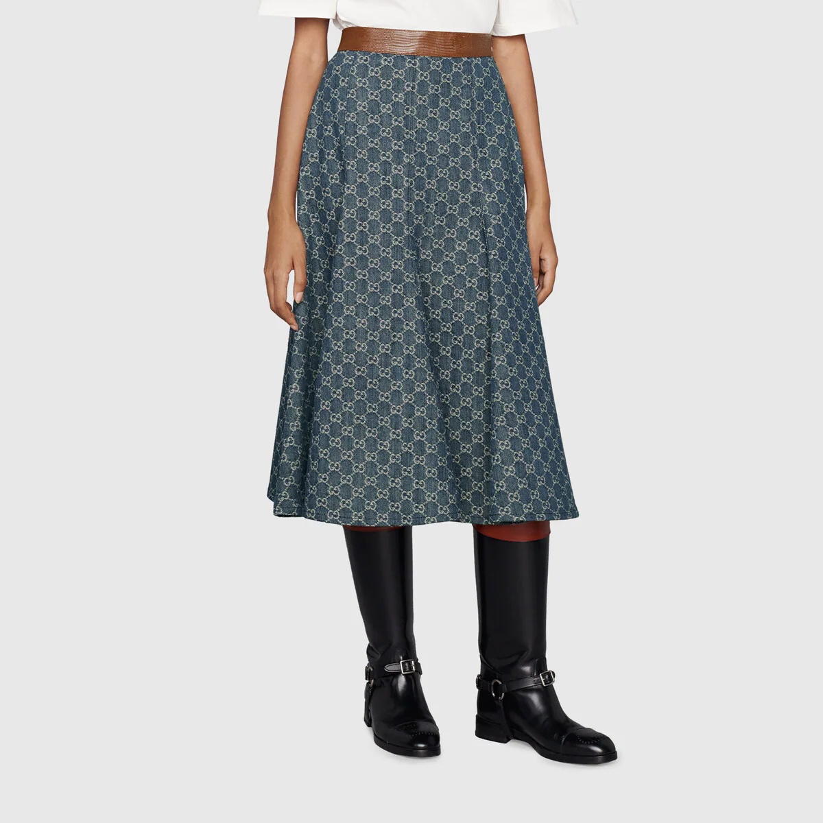 GG denim skirt with leather trim - 3