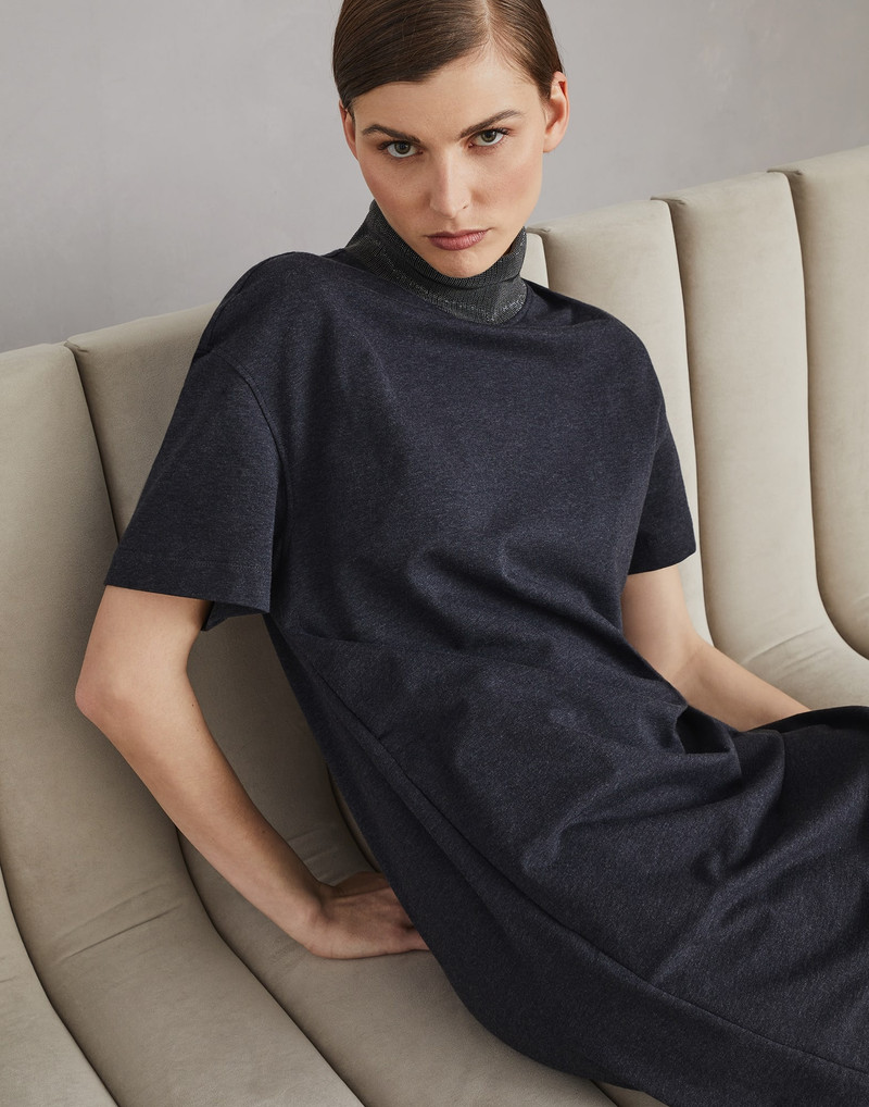 Stretch cotton lightweight French terry dress with precious ribbed collar 4